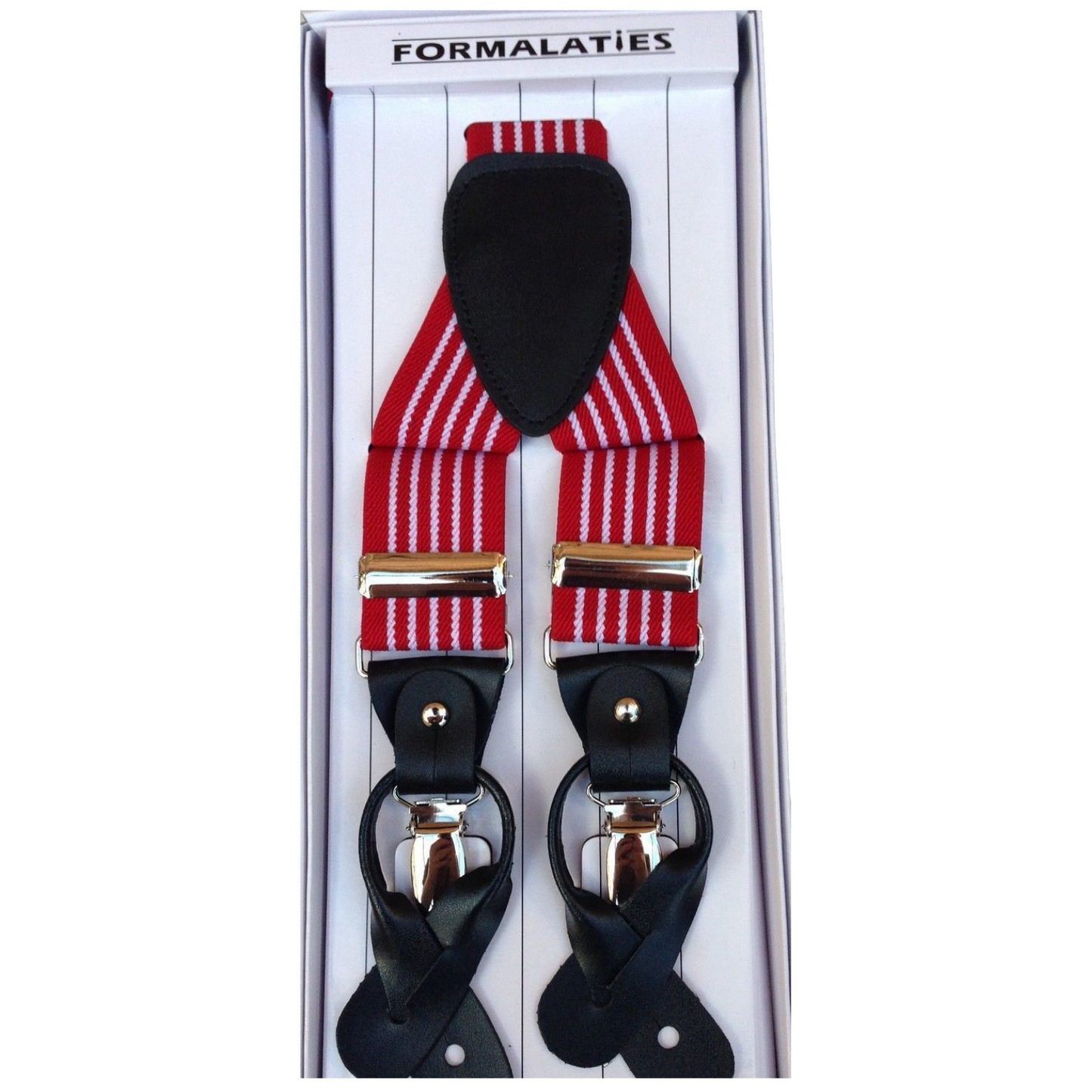 Mens Premium Convertible Suspenders Braces Clip On Elastic Y-Back Traditional Leather Tab - Stripe Red/White-1