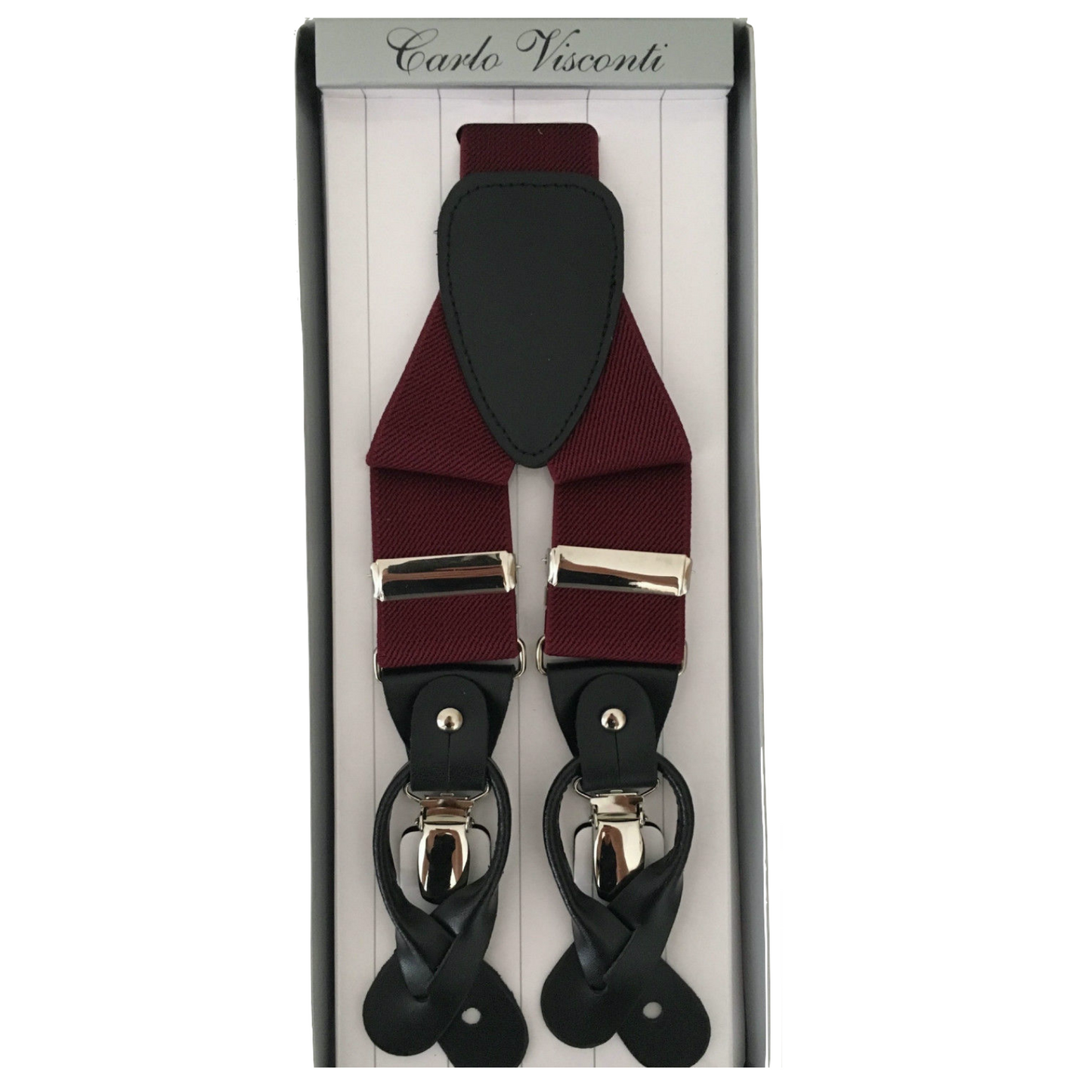 Mens Premium Convertible Suspenders Braces Clip On Elastic Y-Back Traditional Leather Tab - Wine-0