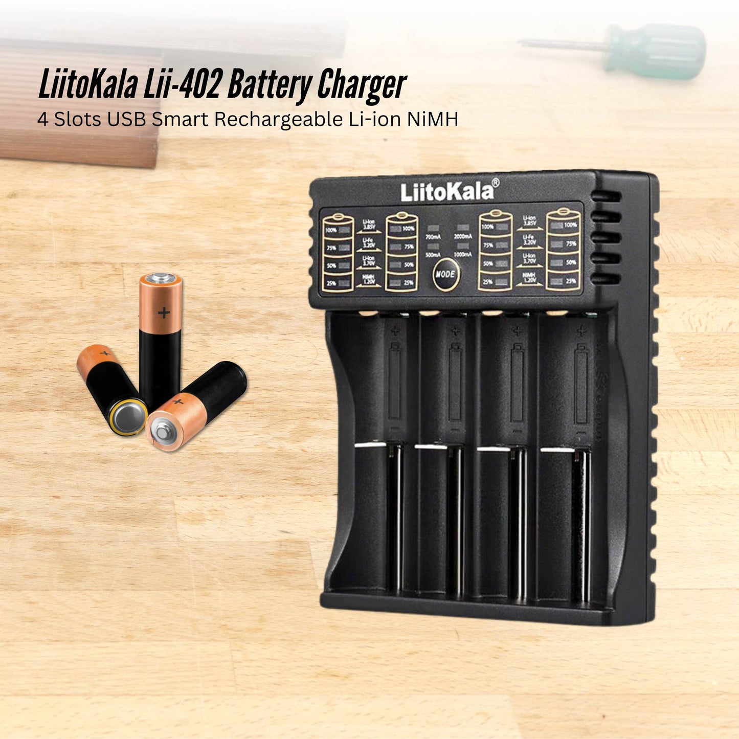 LiitoKala Lii-402 Smart Battery Charger - 4-Slot USB for 18650 AA AAA Li-ion NiMH-1