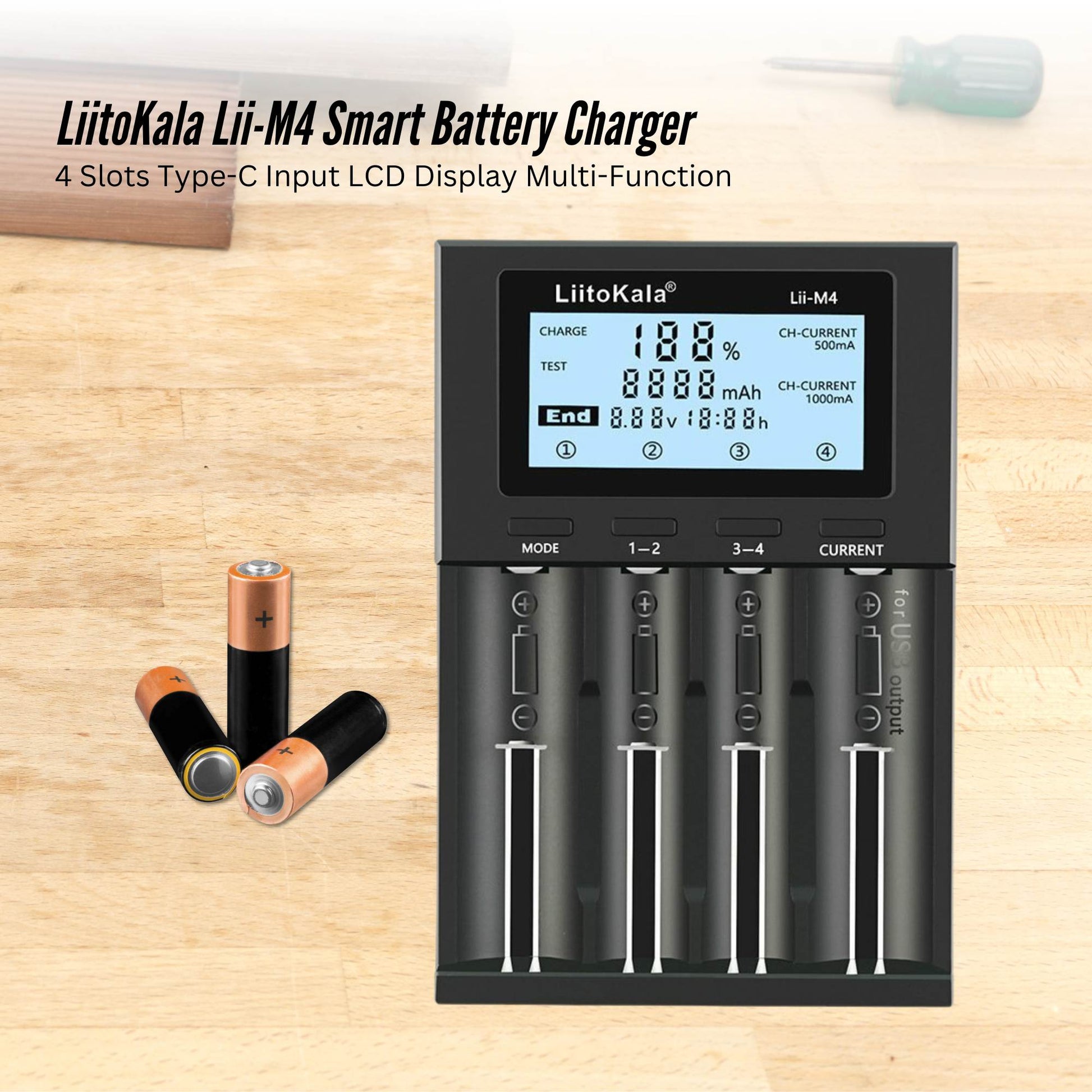 LiitoKala Lii-M4 Smart Battery Charger LCD - 4-Slot USB for 18650 AA AAA Li-ion-1