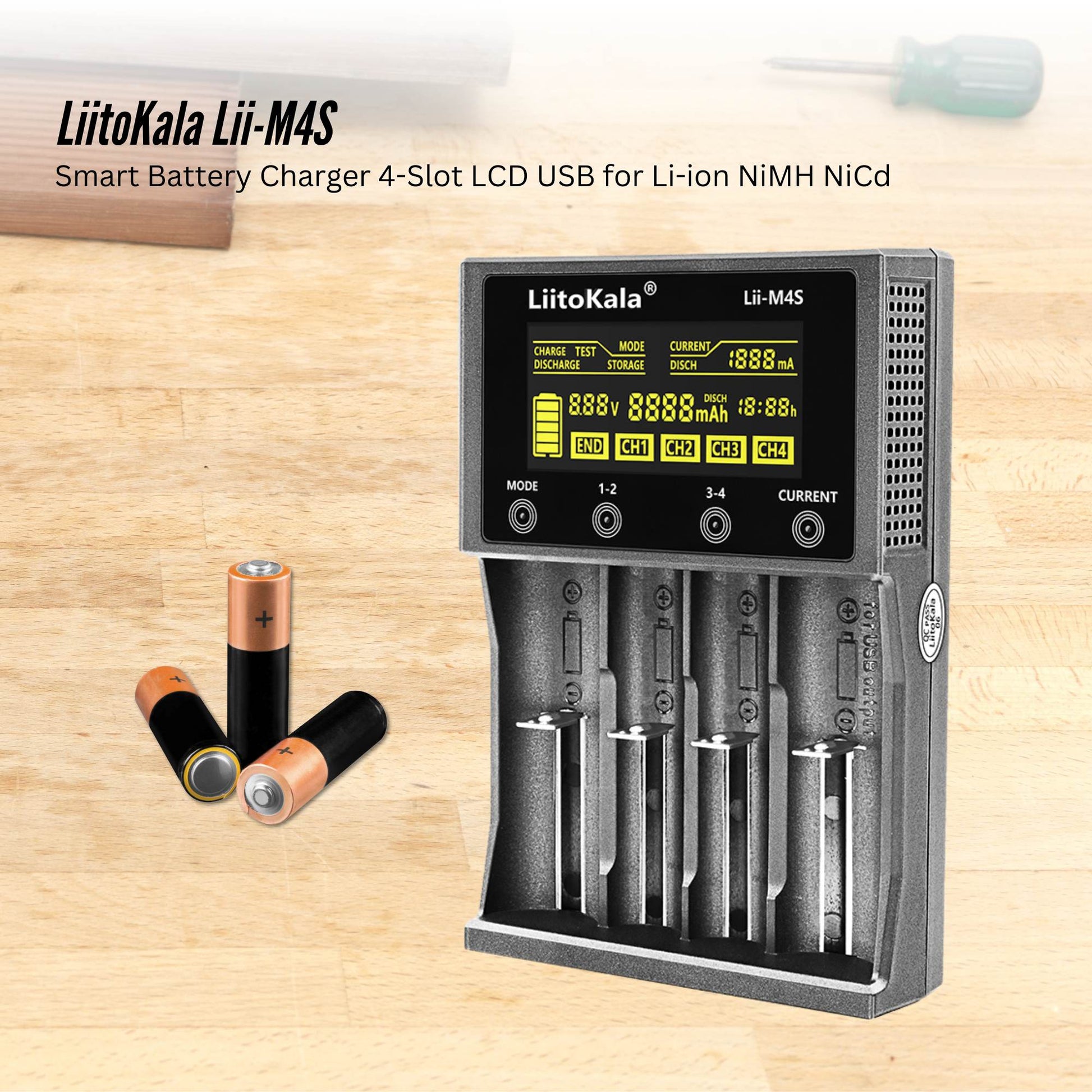 LiitoKala Lii-M4S Battery Charger LCD 4-Slot USB Li-ion NiMH Test Discharge Mode-1