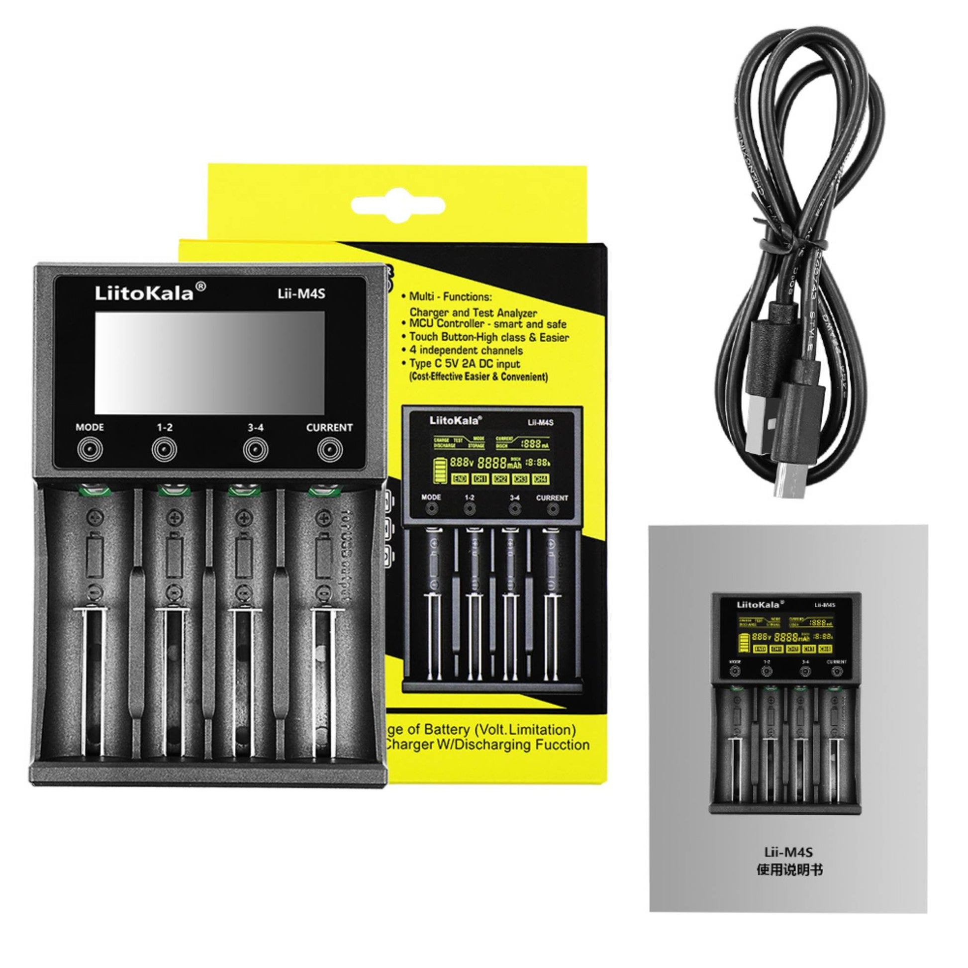 LiitoKala Lii-M4S Battery Charger LCD 4-Slot USB Li-ion NiMH Test Discharge Mode-0