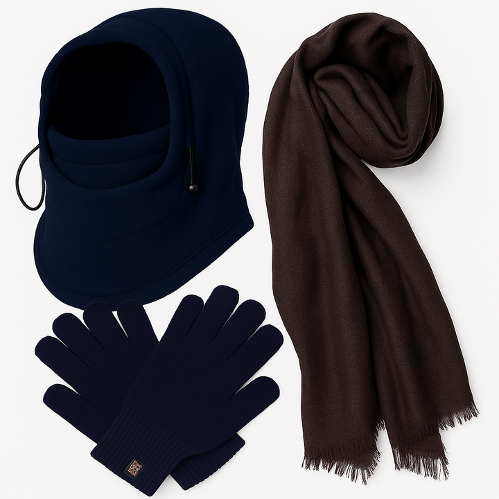 3pc Mens Winter Set Thermal Beanie Mask + Scarf + Thinsulate Knitted Fingerless Gloves