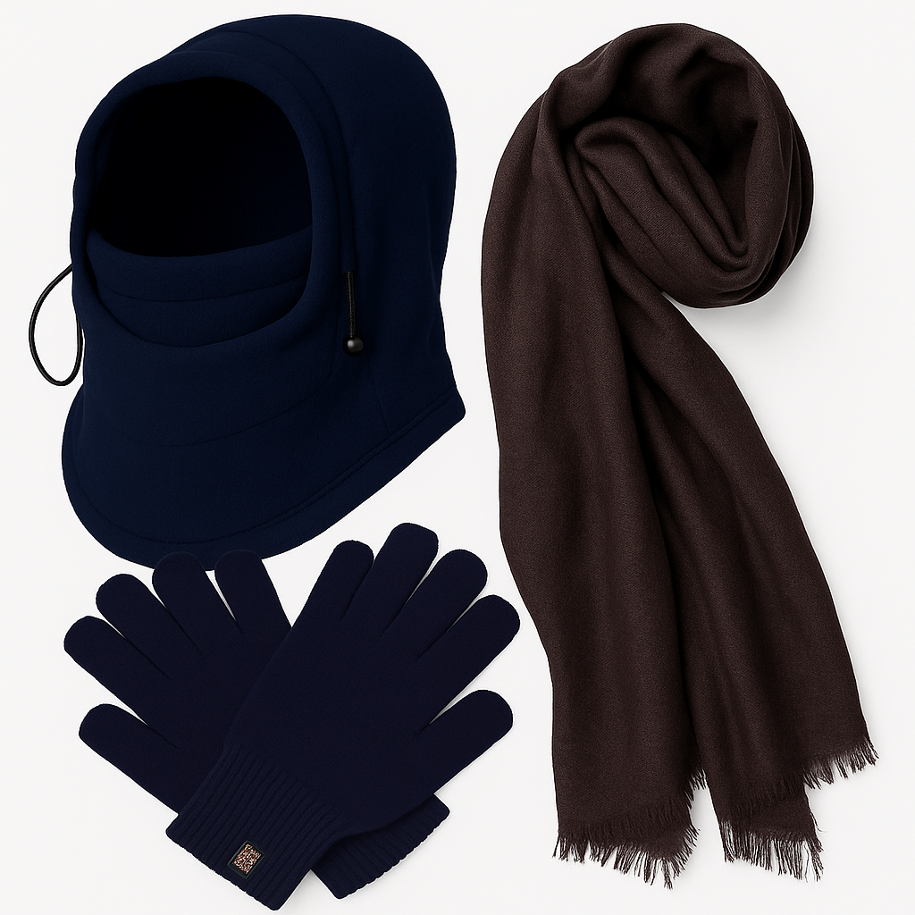 3pc Mens Winter Set Thermal Beanie Mask + Scarf + Thinsulate Knitted Fingerless Gloves