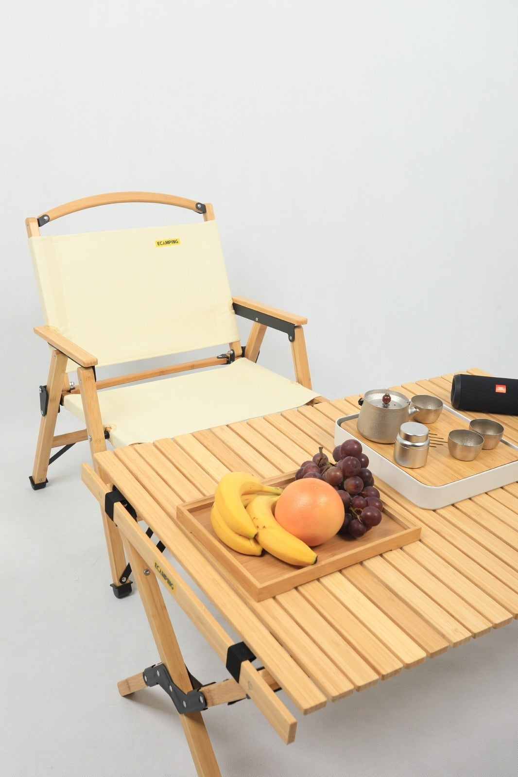 2x Bamboo Canvas Foldable Outdoor Camping Chair Wooden Picnic Park - Khaki/Beige-3