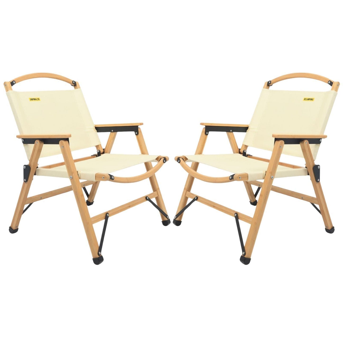 2x Bamboo Canvas Foldable Outdoor Camping Chair Wooden Picnic Park - Khaki/Beige-1