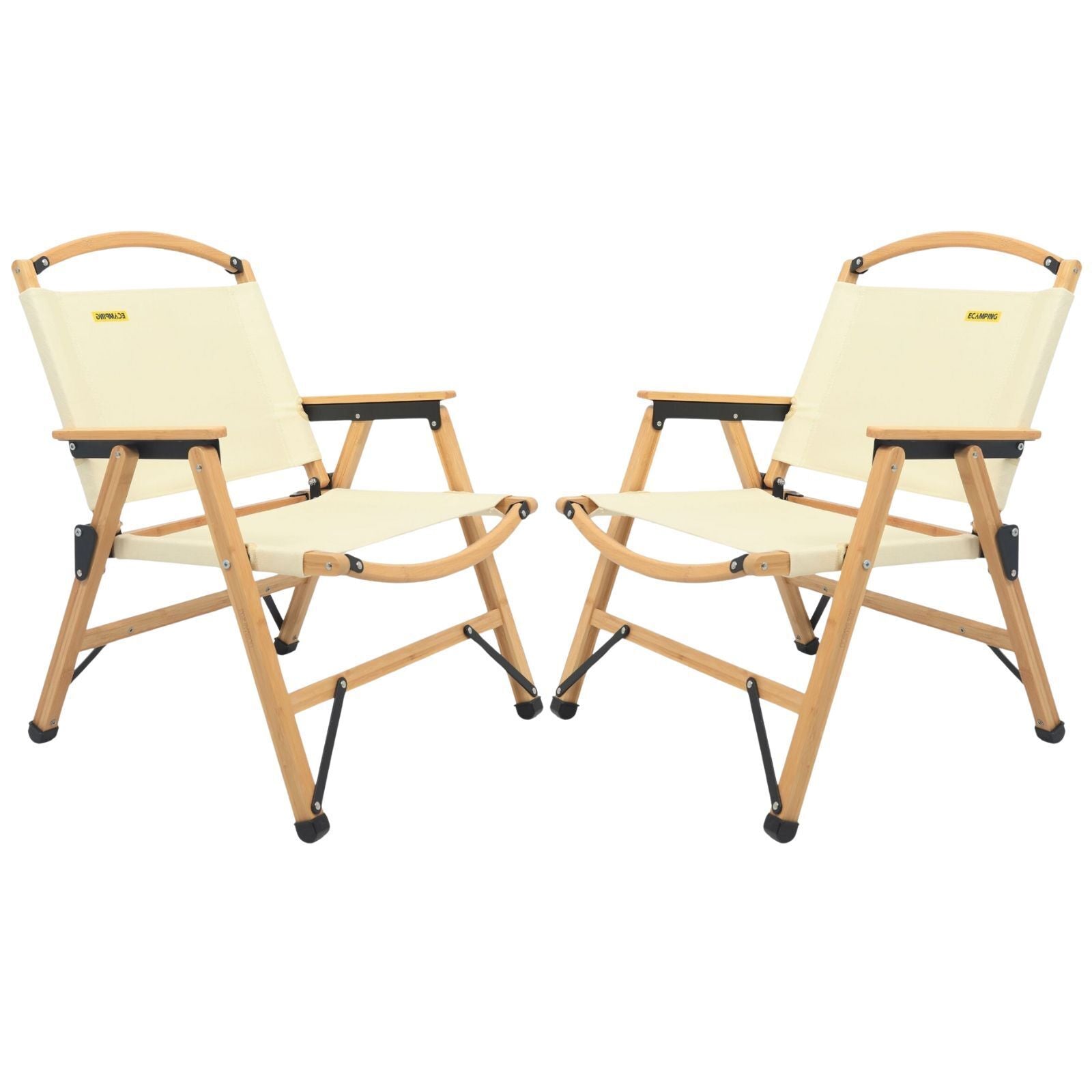 2x Bamboo Canvas Foldable Outdoor Camping Chair Wooden Picnic Park - Khaki/Beige-1