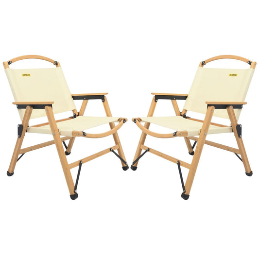 2x Bamboo Canvas Foldable Outdoor Camping Chair Wooden Picnic Park - Khaki/Beige-0