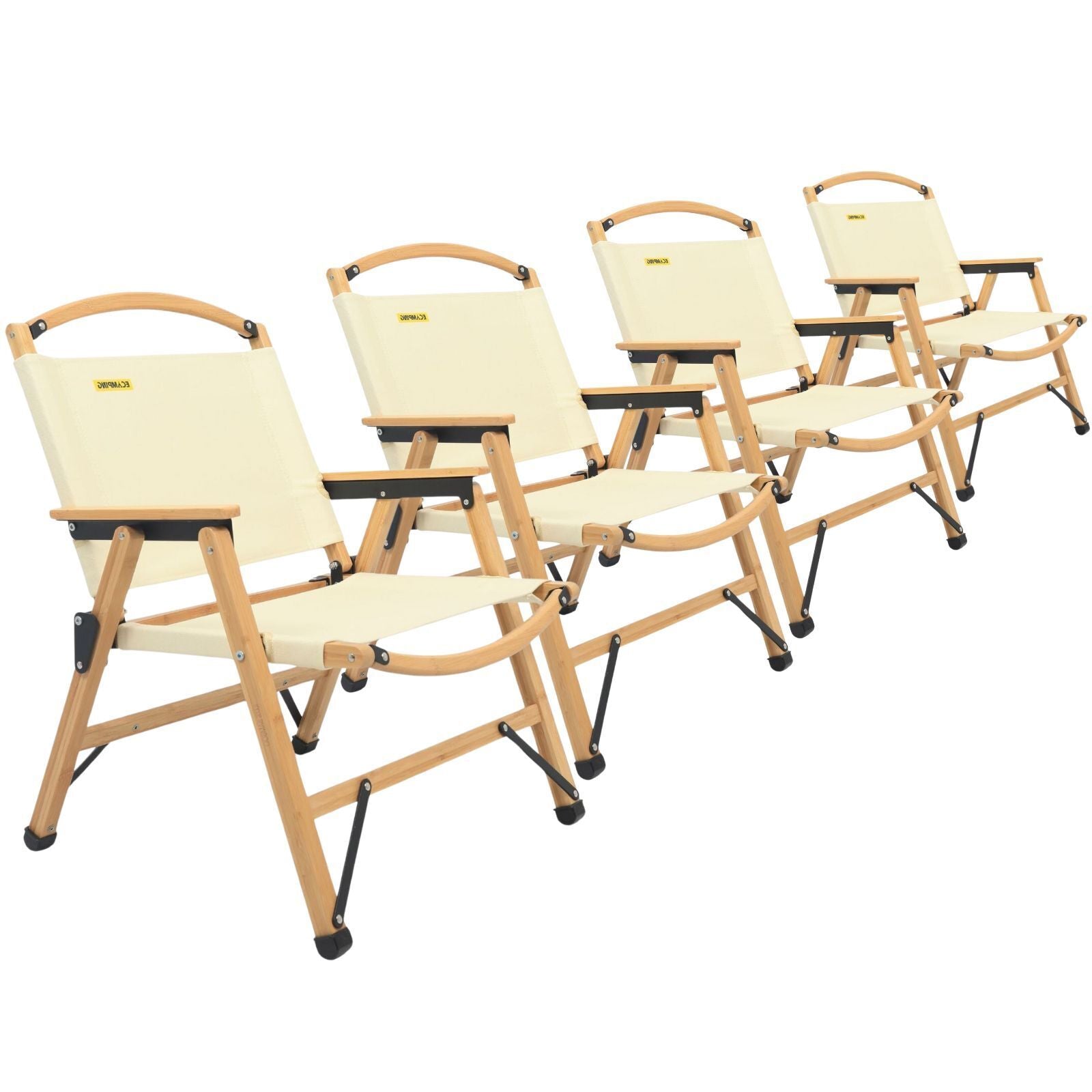 4x Bamboo Canvas Foldable Outdoor Camping Chair Wooden Picnic Park - Khaki/Beige-1
