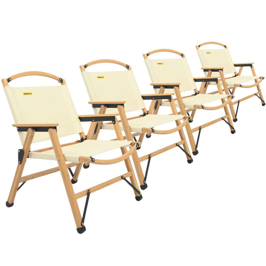 4x Bamboo Canvas Foldable Outdoor Camping Chair Wooden Picnic Park - Khaki/Beige-0