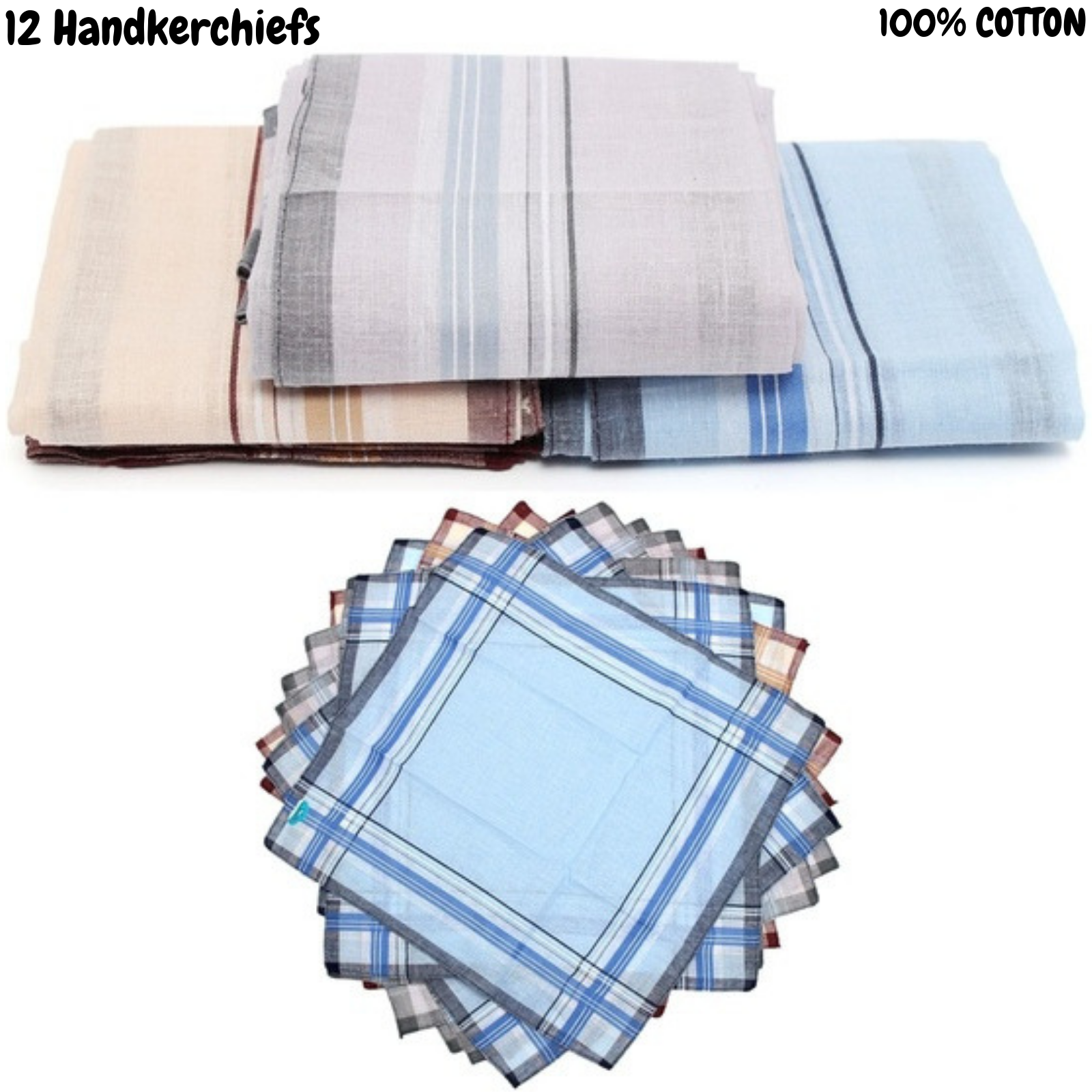 Mens HANDKERCHIEFS 100% Cotton Pocket Square Hanky Handkerchief 35x35cm - 12 Hankies-1