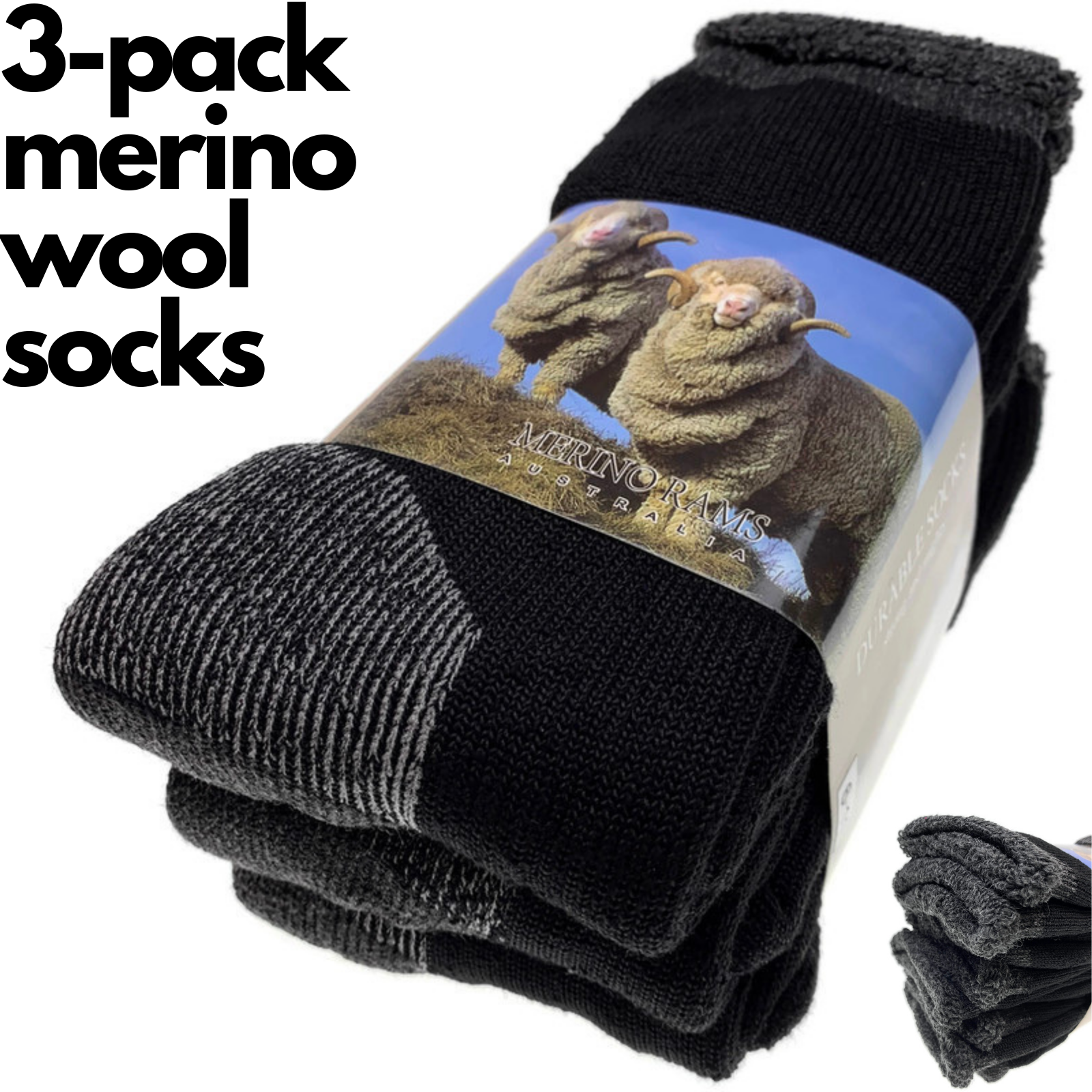 3 Pairs Heavy Duty Merino Wool Work Crew Socks Extra Thick Cushion (Size 6-11)-1