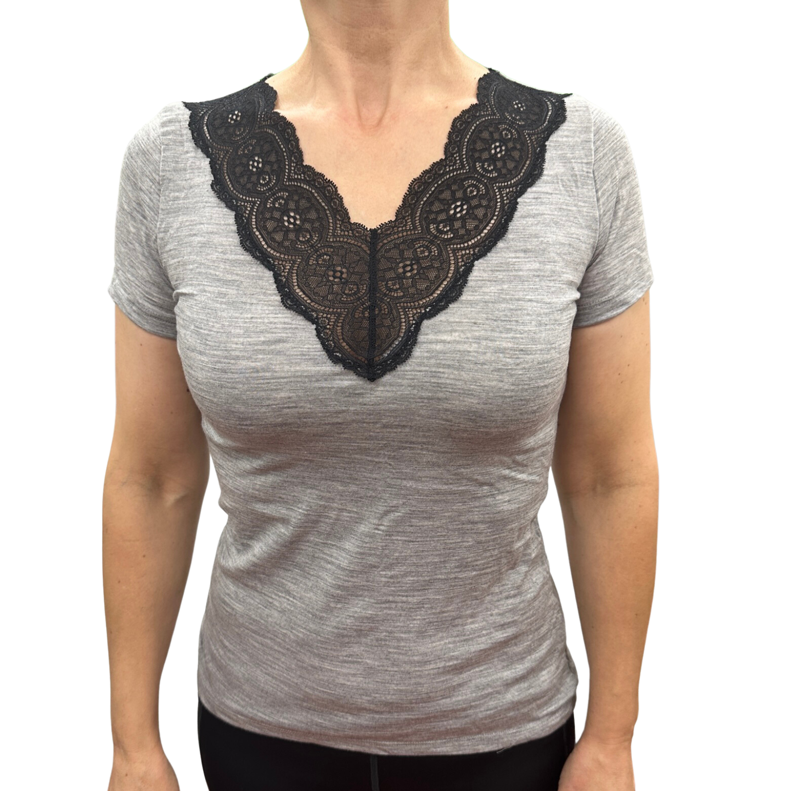 Merino Skins Womens Wool Top Audrina V-Neck Short Sleeve Thermal Underwear - Grey Marle-1