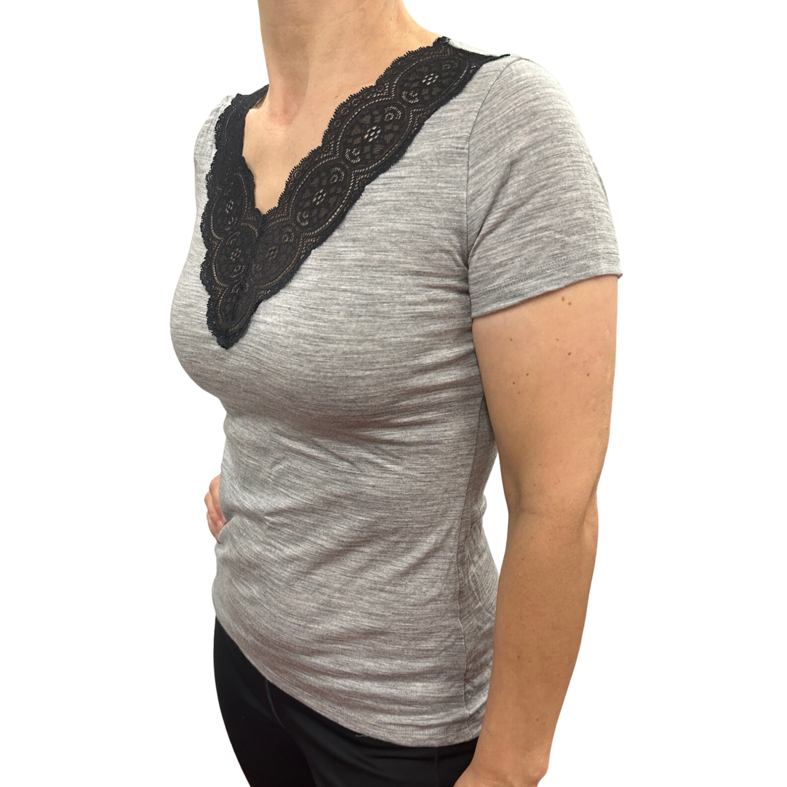 Merino Skins Womens Wool Top Audrina V-Neck Short Sleeve Thermal Underwear - Grey Marle-3