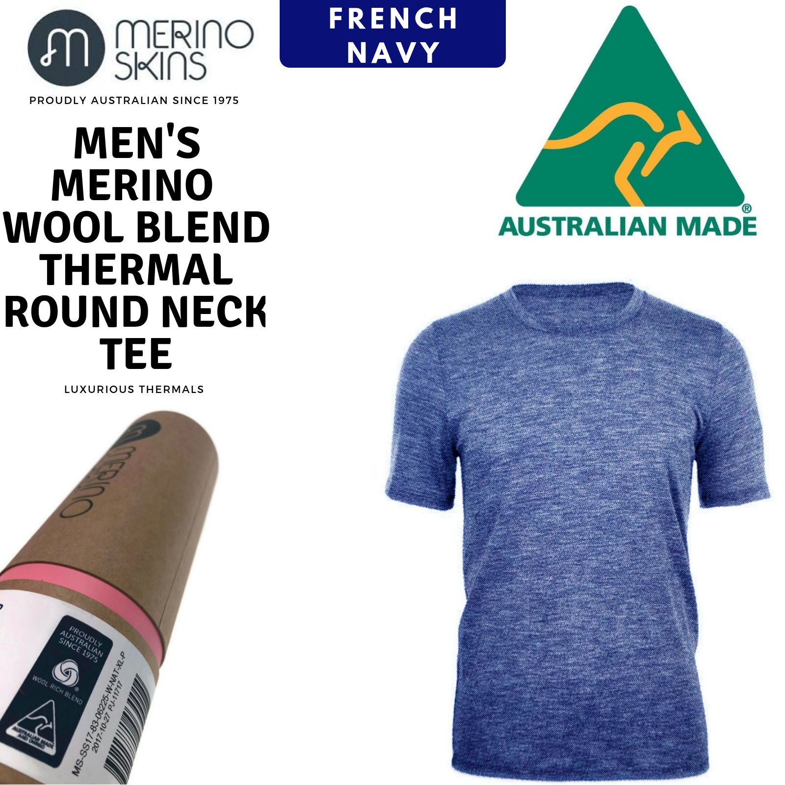MERINO SKINS Mens Classic Crew Neck Tee Wool Thermal T-Shirt Short Sleeve - French Navy-1