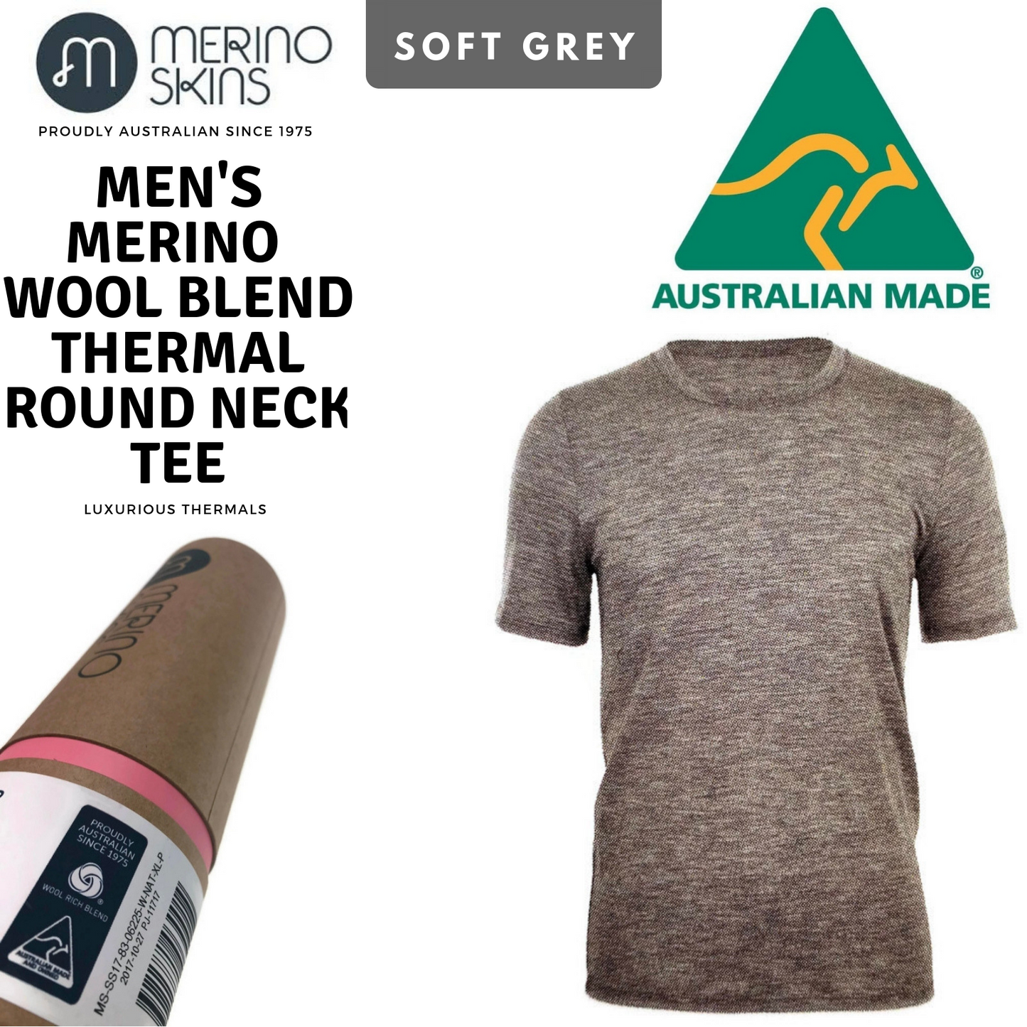 MERINO SKINS Mens Classic Crew Neck Tee Wool Thermal T-Shirt Short Sleeve - Soft Grey-1