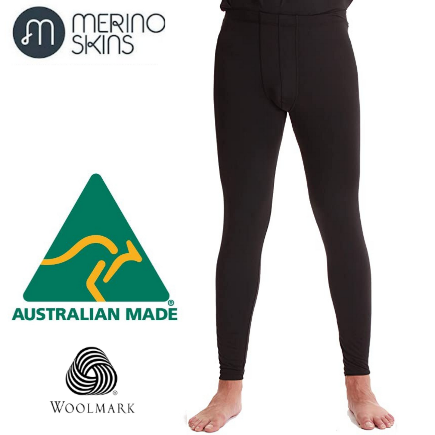 MERINO SKINS Mens Classic Long Johns Wool Thermal Pants Underwear - Black-1