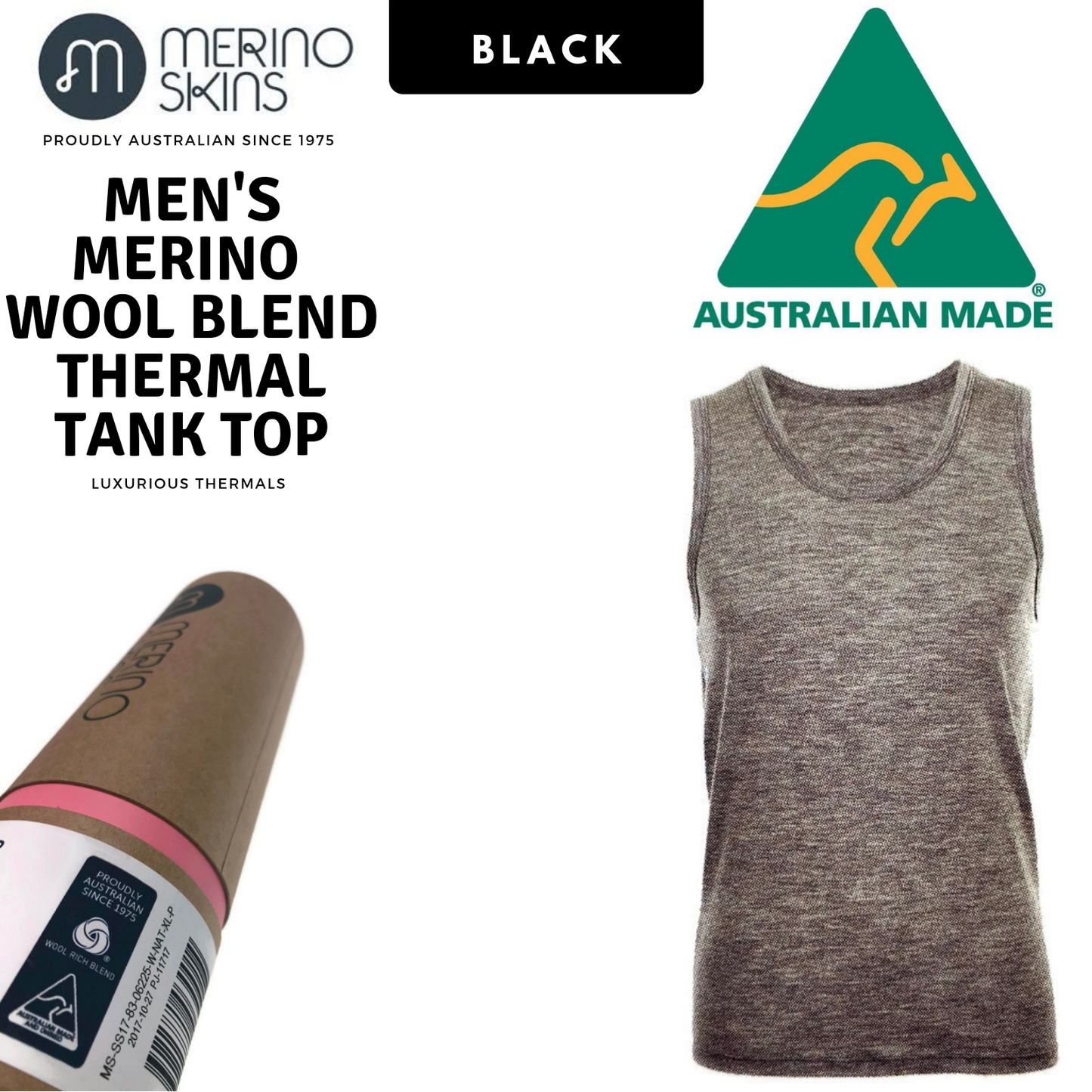 MERINO SKINS Mens Classic Round Neck Tank Singlet Thermal Top - Black-1