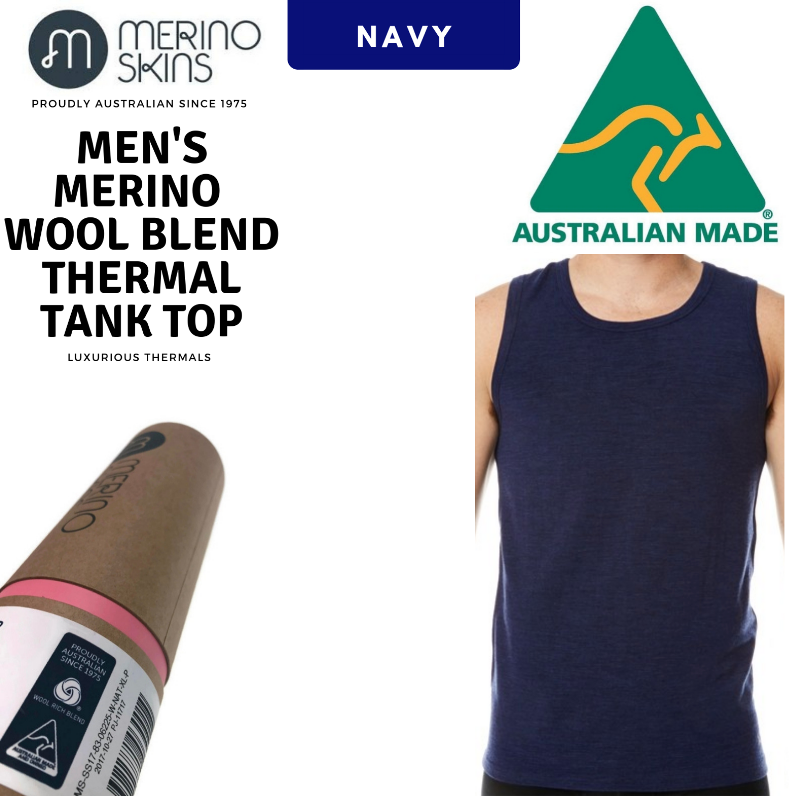 MERINO SKINS Mens Thermal Tank Top Singlet Thermals Warm Winter Base Layer - Navy-1