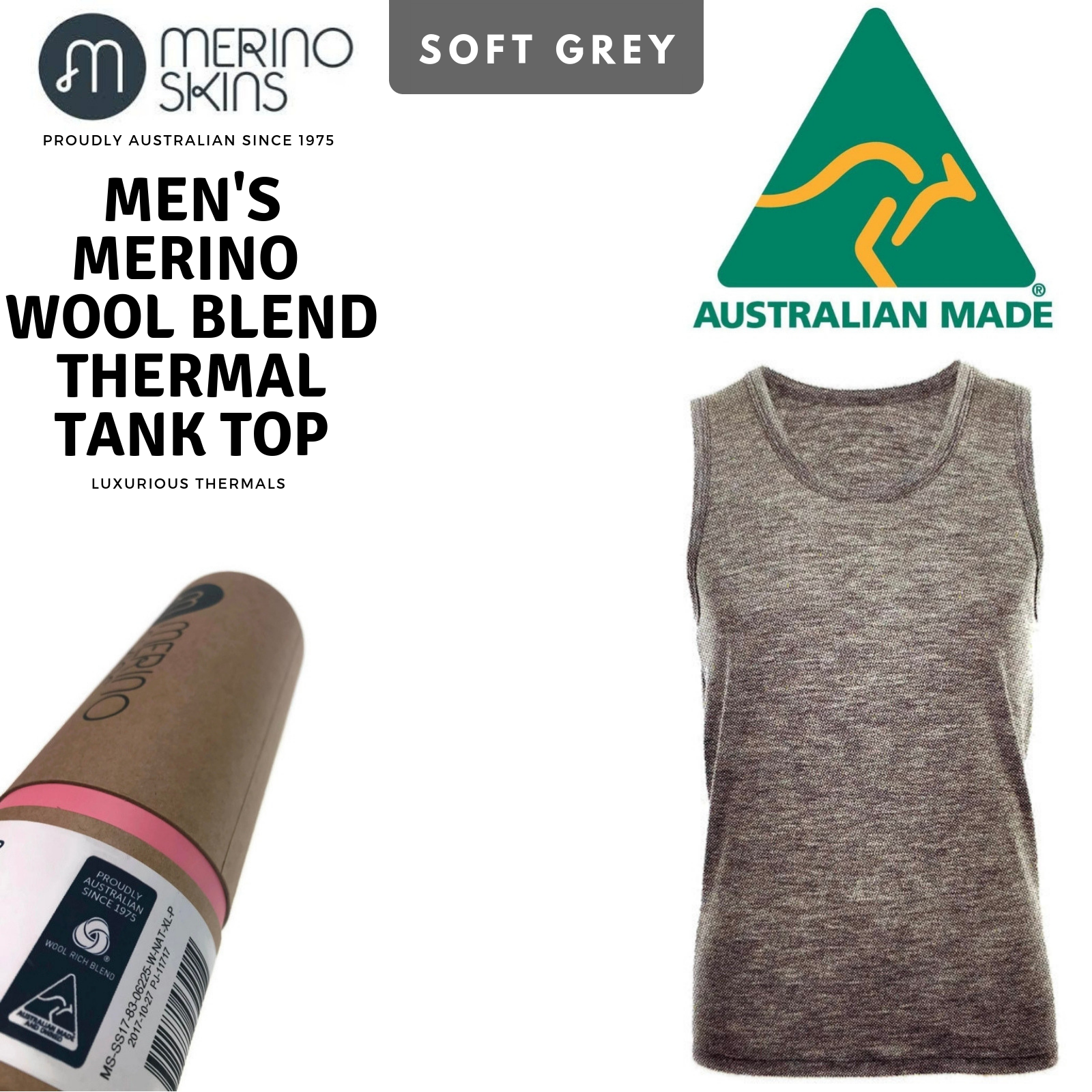 MERINO SKINS Mens Classic Round Neck Tank Singlet Thermal Top - Soft Grey-1