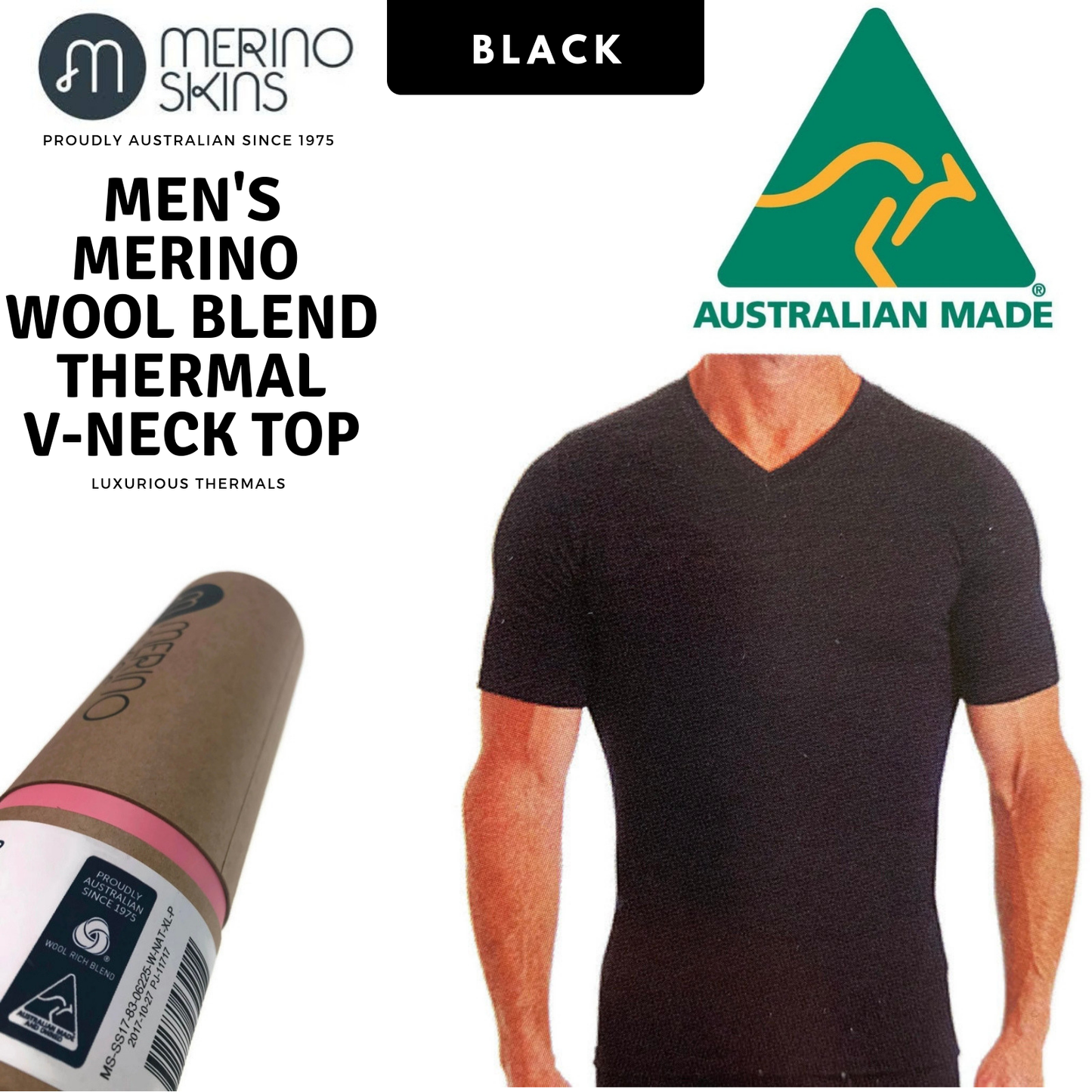 MERINO SKINS Mens Classic V-Neck Tee Wool Thermal T-Shirt Short Sleeve - Black-1