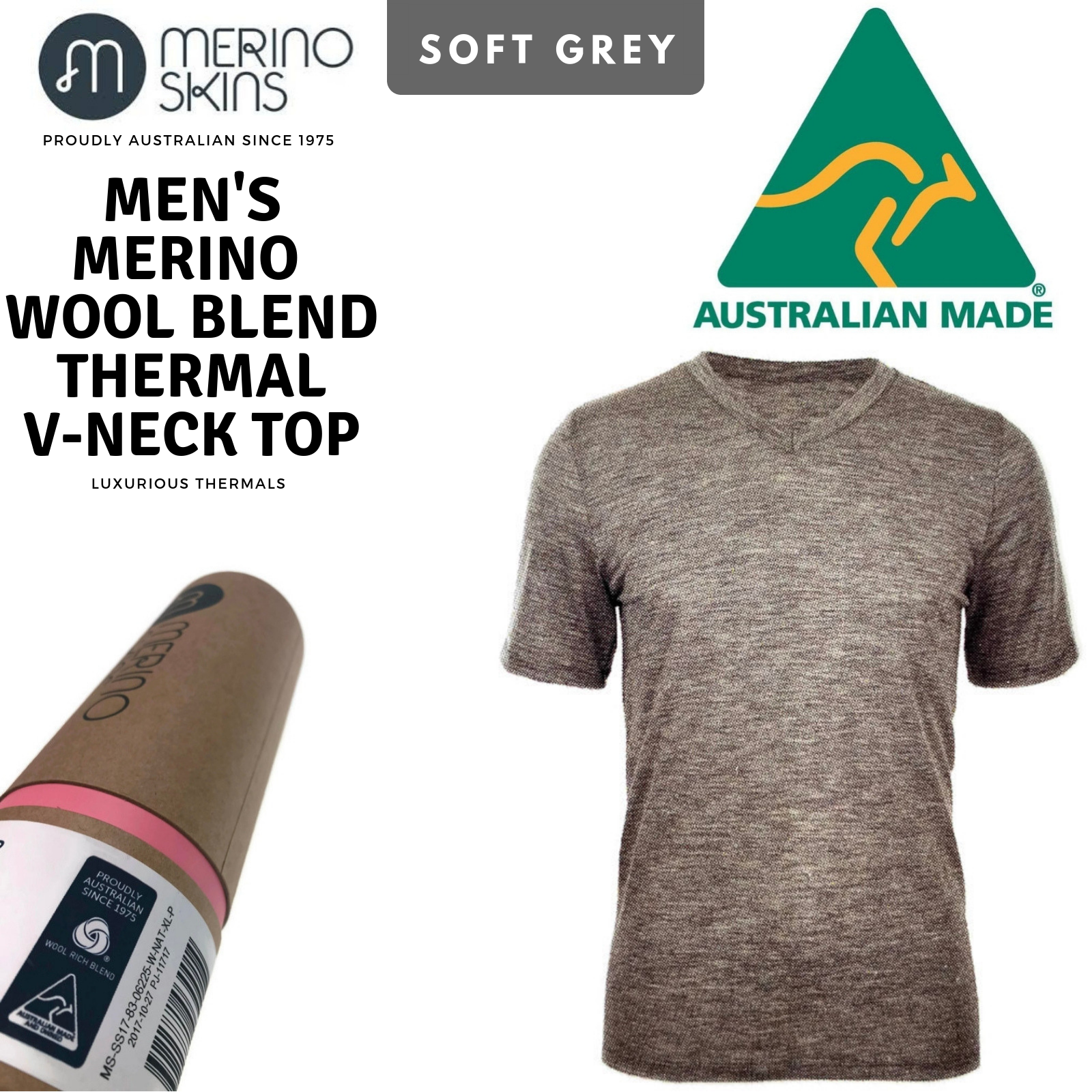 MERINO SKINS Mens Classic V-Neck Tee Wool Thermal T-Shirt Short Sleeve - Soft Grey Marle-1