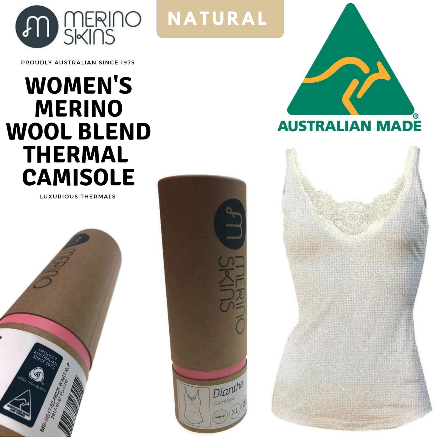 MERINO SKINS Ladies Dianthe Camisole Top Merino Wool Rich Thermals - Natural-1