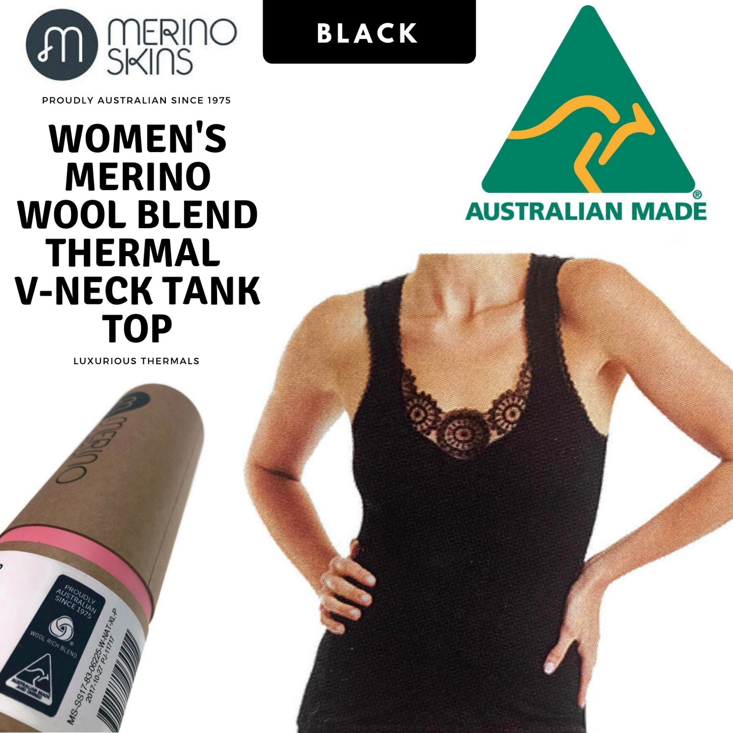 MERINO SKINS Ladies Dianthe Tank Top Thermal Merino Wool Rich Thermals - Black-1