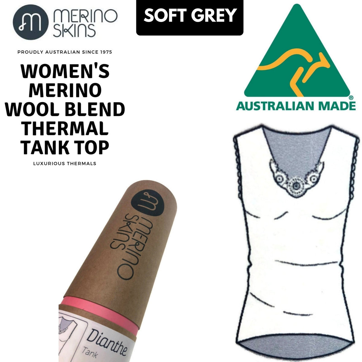 MERINO SKINS Ladies Dianthe Tank Top Thermal Merino Wool Rich Thermals - Soft Grey Marle