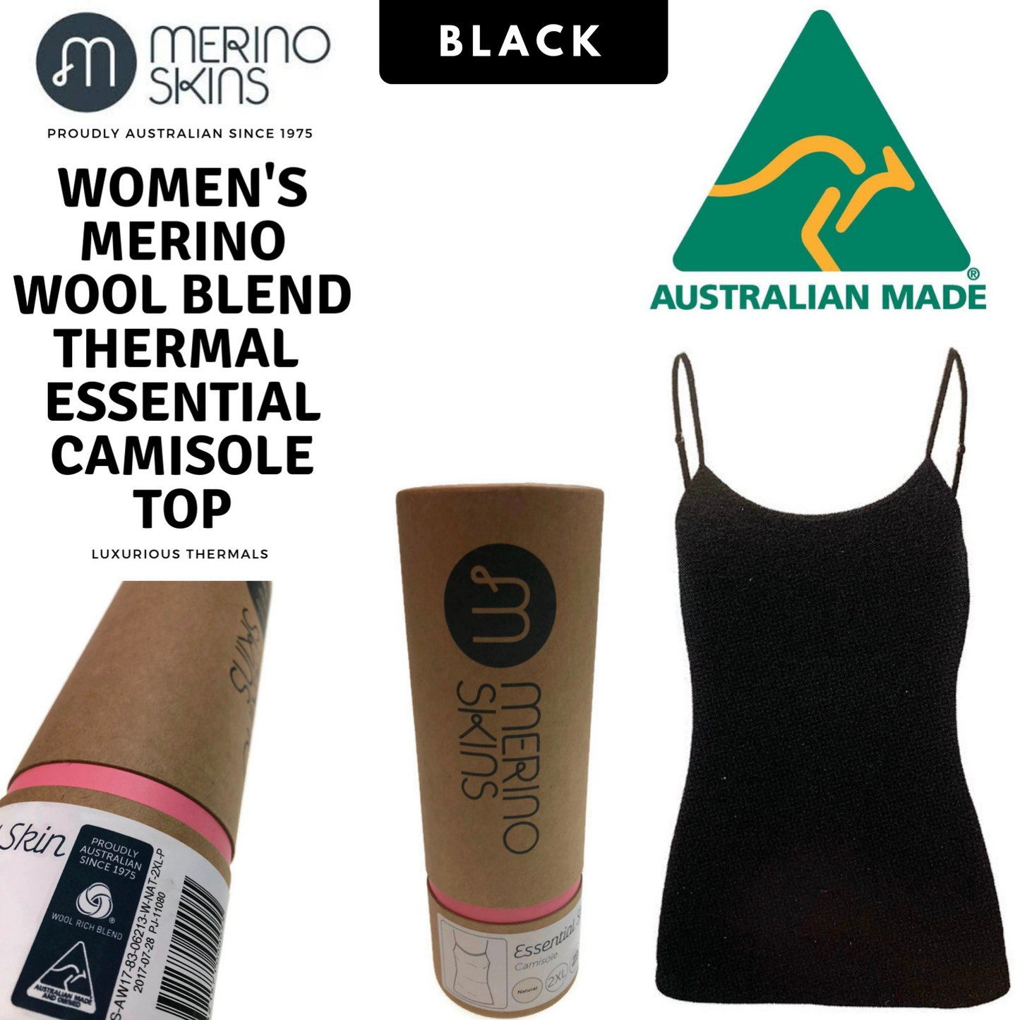 MERINO SKINS Ladies Camisole Merino Wool Thermal Underwear Top Warm Cami - Black-1