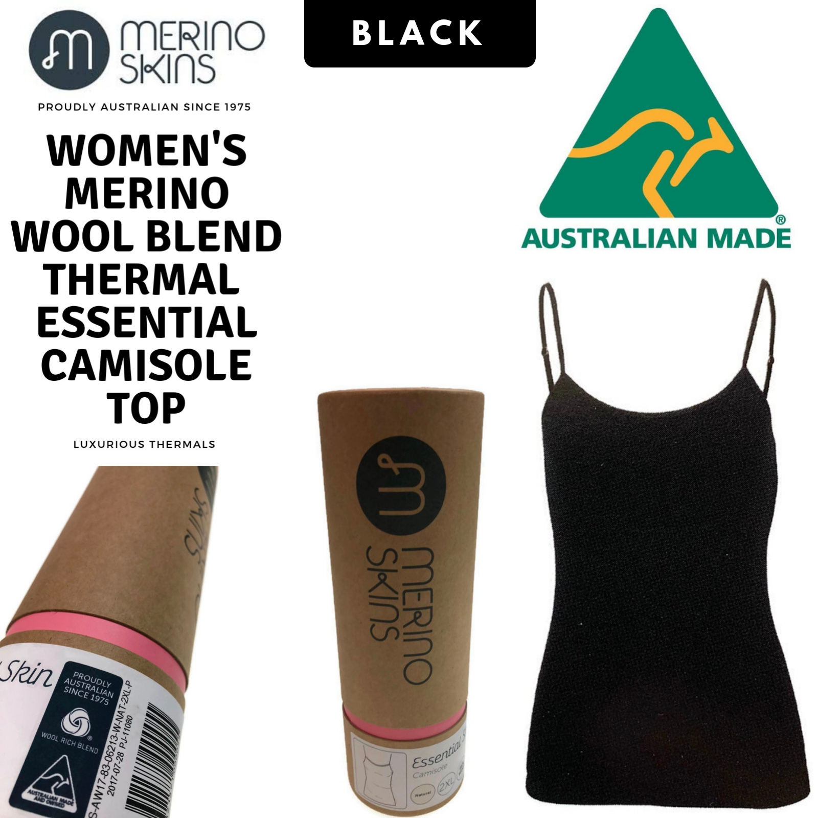 MERINO SKINS Ladies Camisole Merino Wool Thermal Underwear Top Warm Cami - Black-1