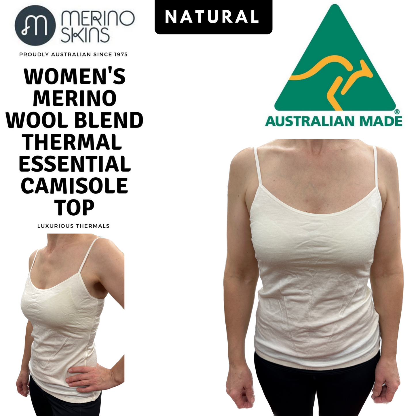 MERINO SKINS Womens Essential Camisole Wool Thermal Top Thermals Cami - Natural-1