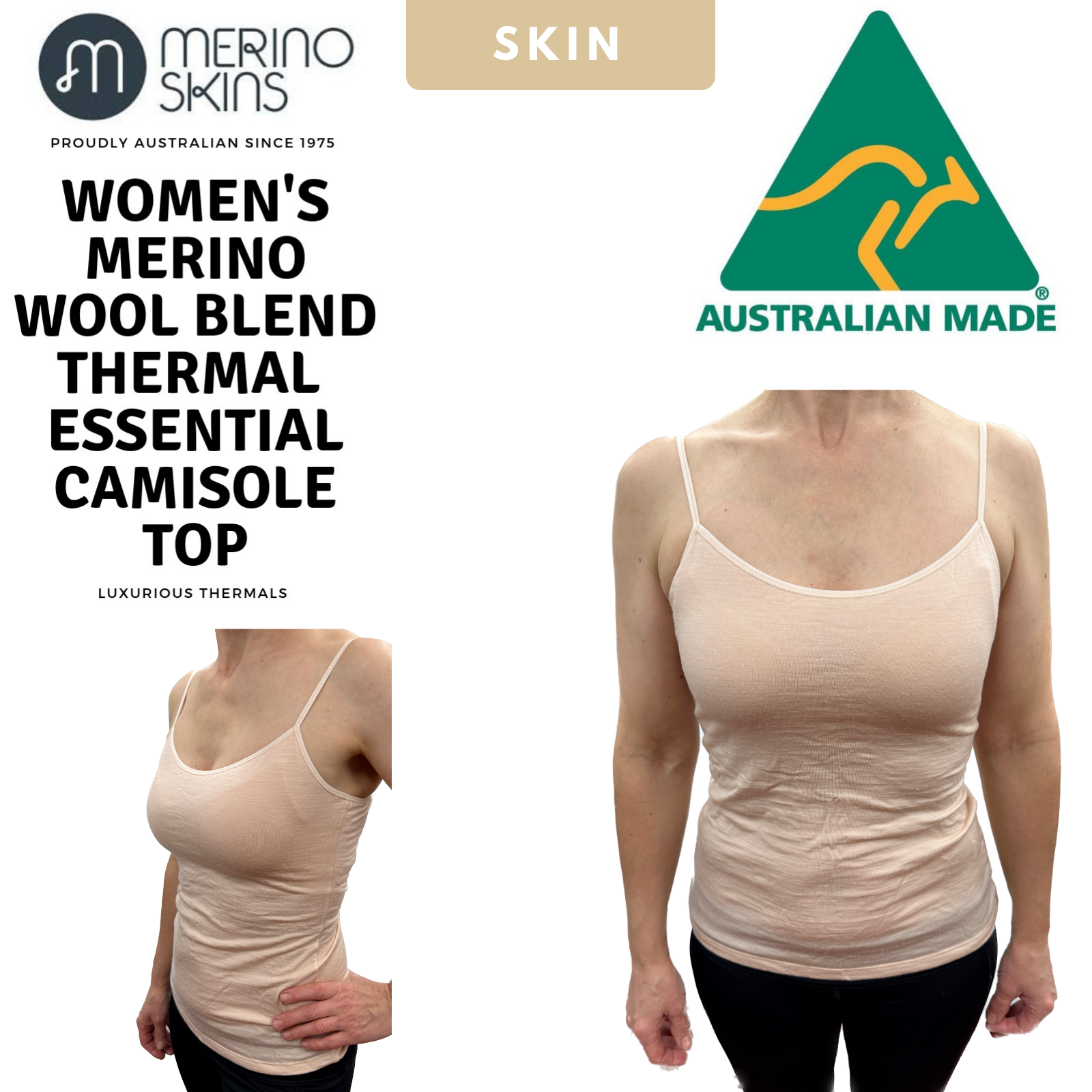 MERINO SKINS Womens Camisole Wool Thermal Underwear Top Cami Baselayer - Skin-1