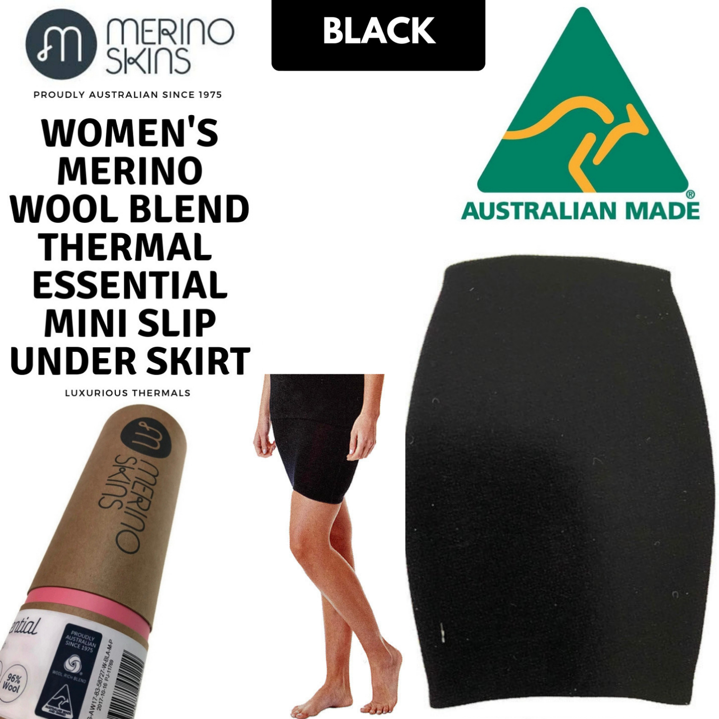 MERINO SKINS Thermal Womens Skirt Wool Winter Base Layer Thermals - Black-1