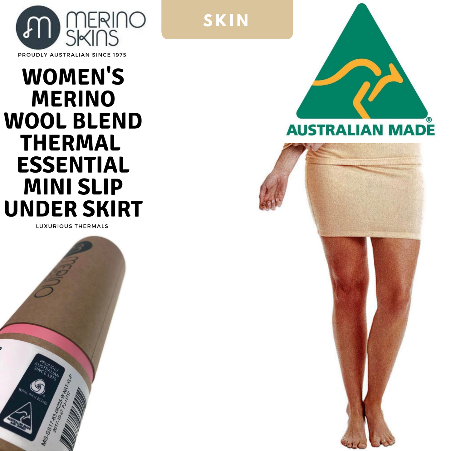 MERINO SKINS Womens Mini Slip Under Skirt Thermal Wool Wool Underwear - Skin-1
