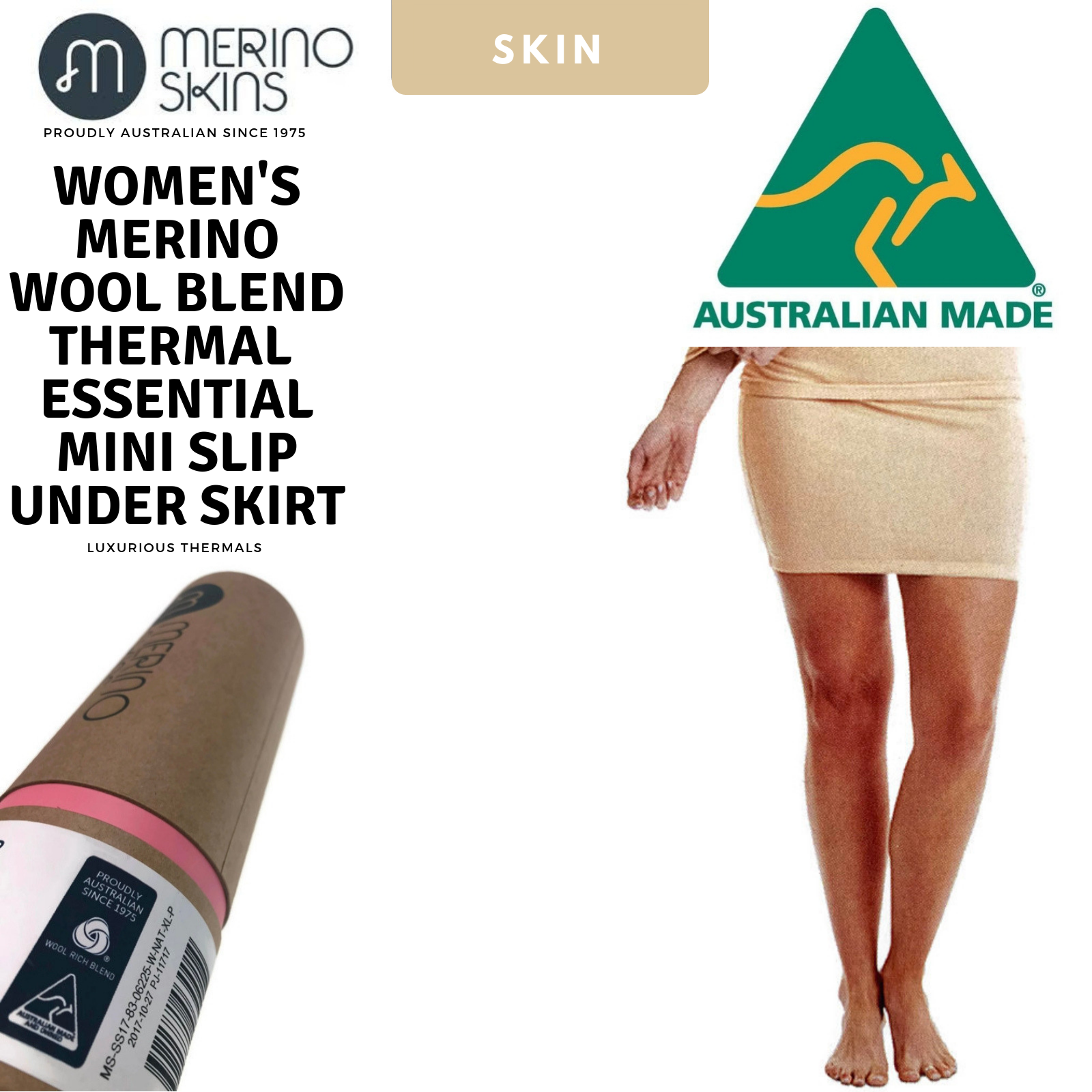 MERINO SKINS Womens Mini Slip Under Skirt Thermal Wool Wool Underwear - Skin-1