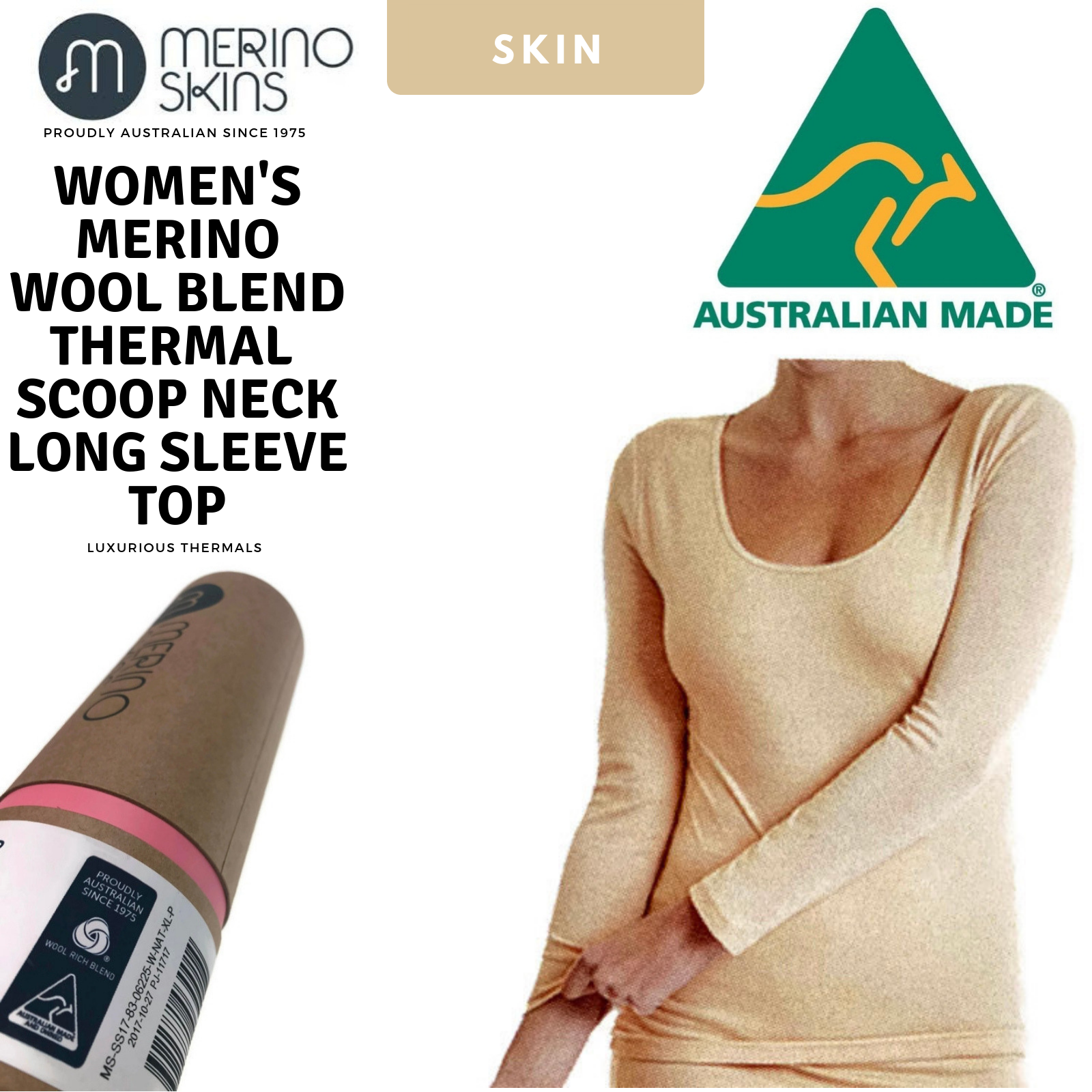 MERINO SKINS Womens Scoop Neck Long Sleeve Top Wool Warm Thermals - Skin-1