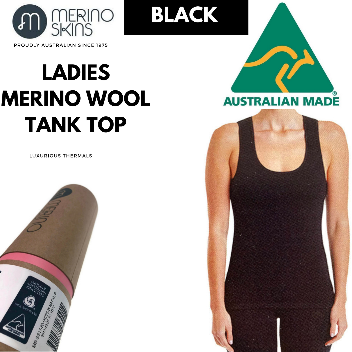 MERINO SKINS Ladies Scoop Neck Tank Top Sleeveless Wool Thermals - Black-1