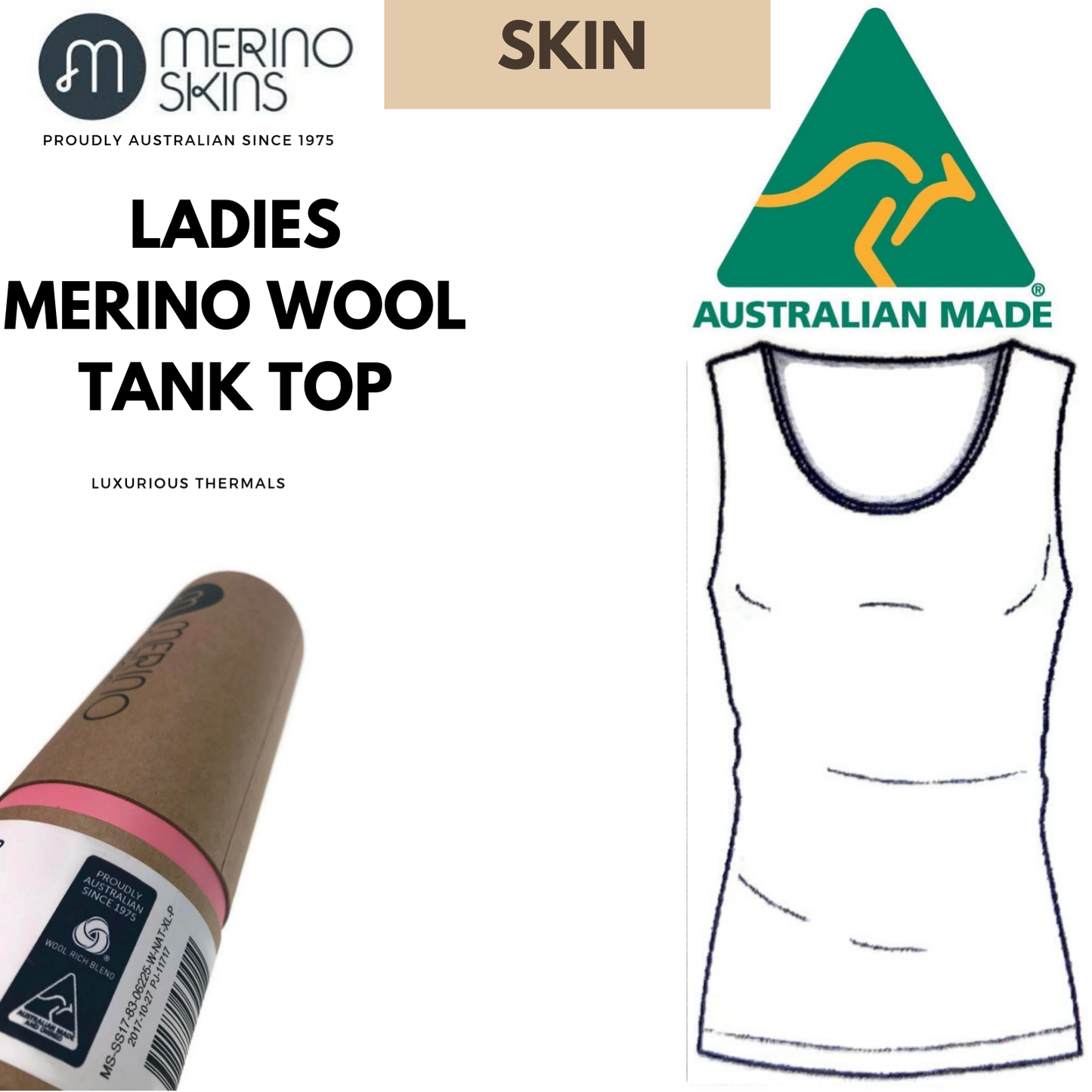 MERINO SKINS Ladies Scoop Neck Tank Top Sleeveless Wool Thermals Warm - Skin-1