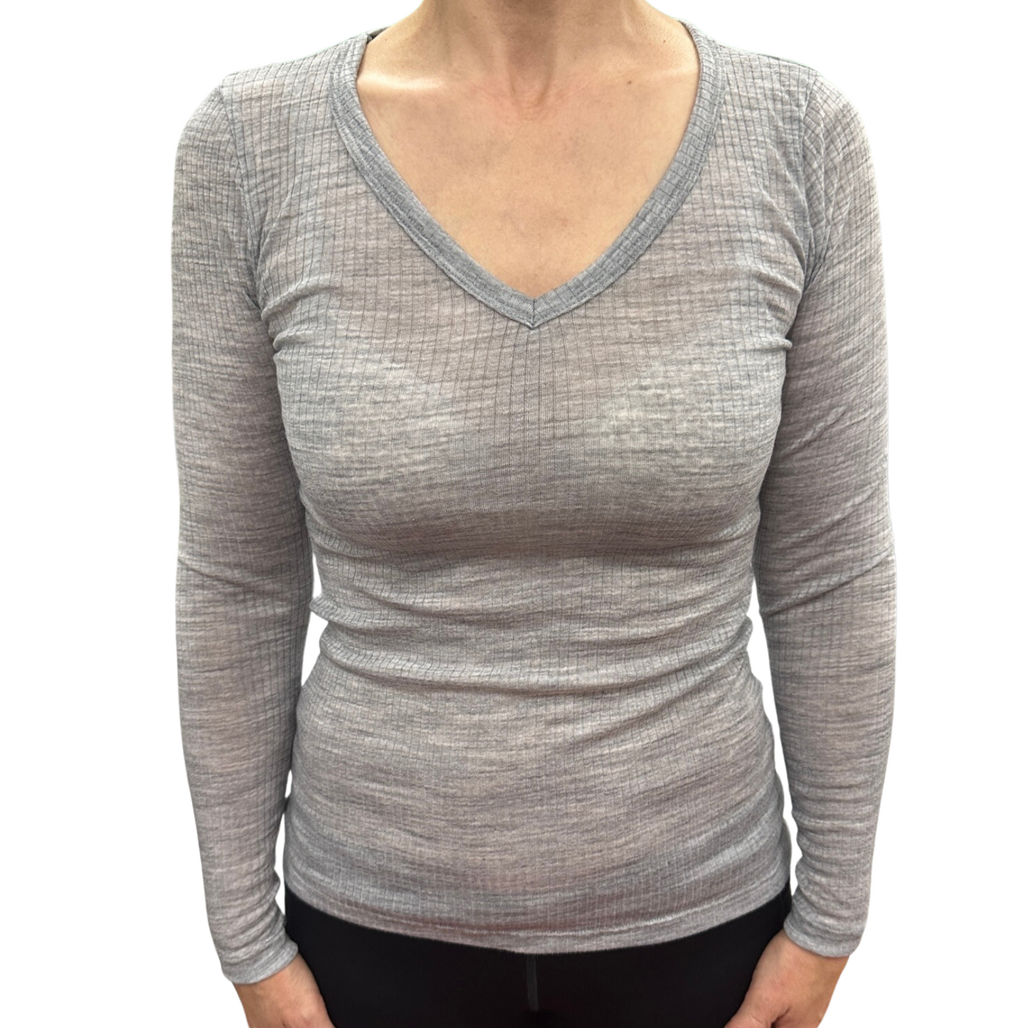 Merino Skins Verona Womens V-Neck Long Sleeve Thermal Underwear Soft Grey Marle-3