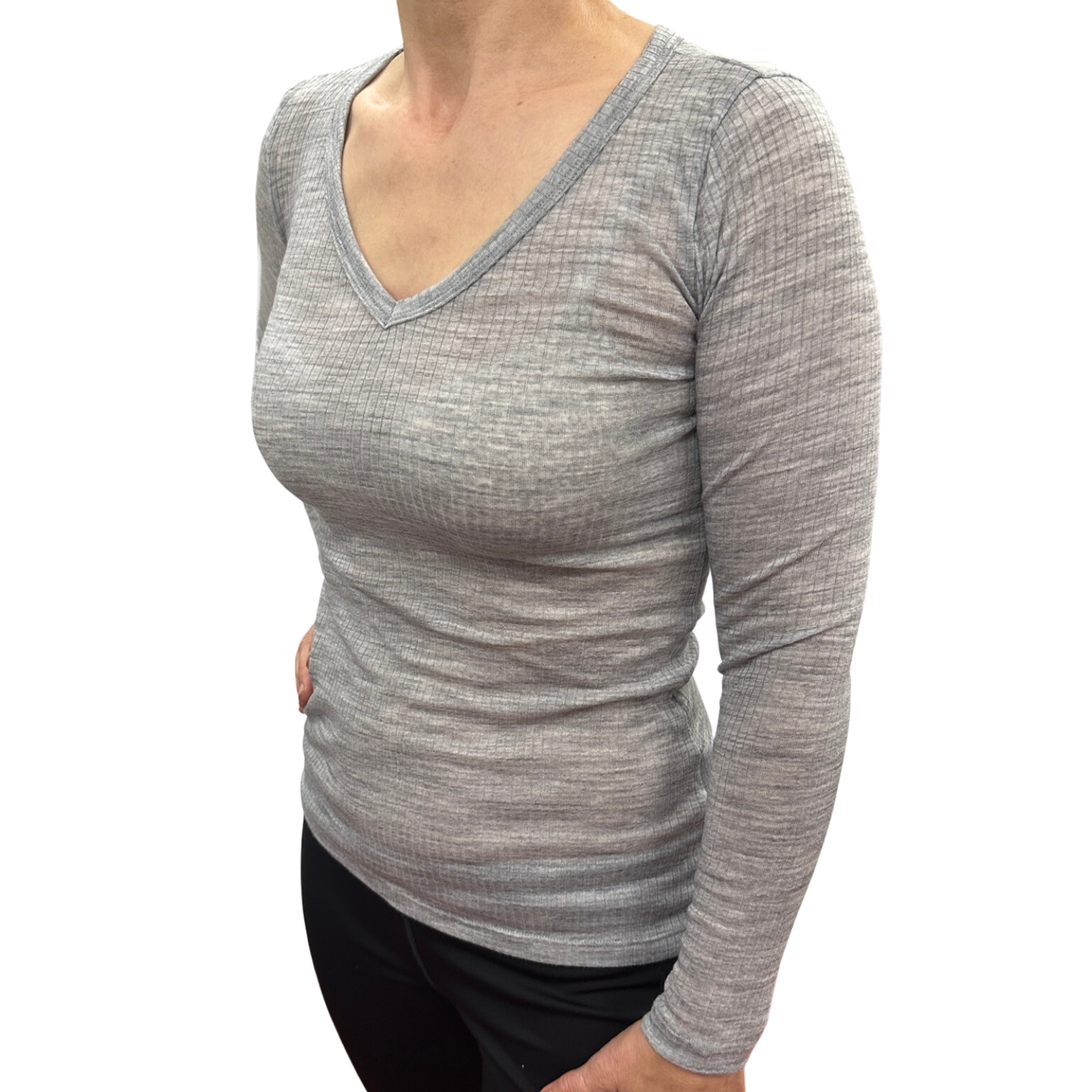 Merino Skins Verona Womens V-Neck Long Sleeve Thermal Underwear Soft Grey Marle-0