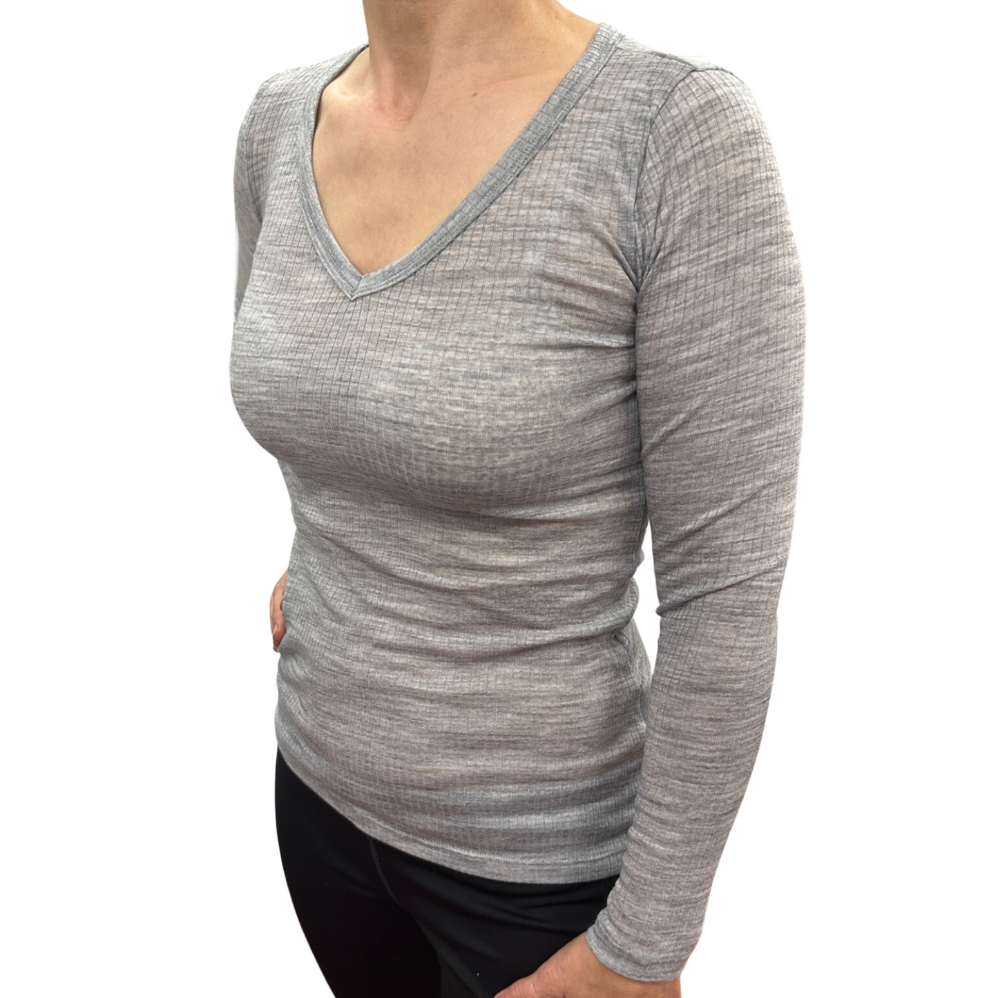 Merino Skins Verona Womens V-Neck Long Sleeve Thermal Underwear Soft Grey Marle-1