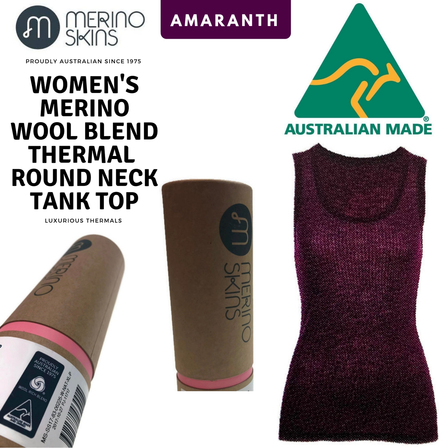 MERINO SKINS Wool Blend Ladies Verona V-Neck Tee Thermal Top Tank - Amaranth-1