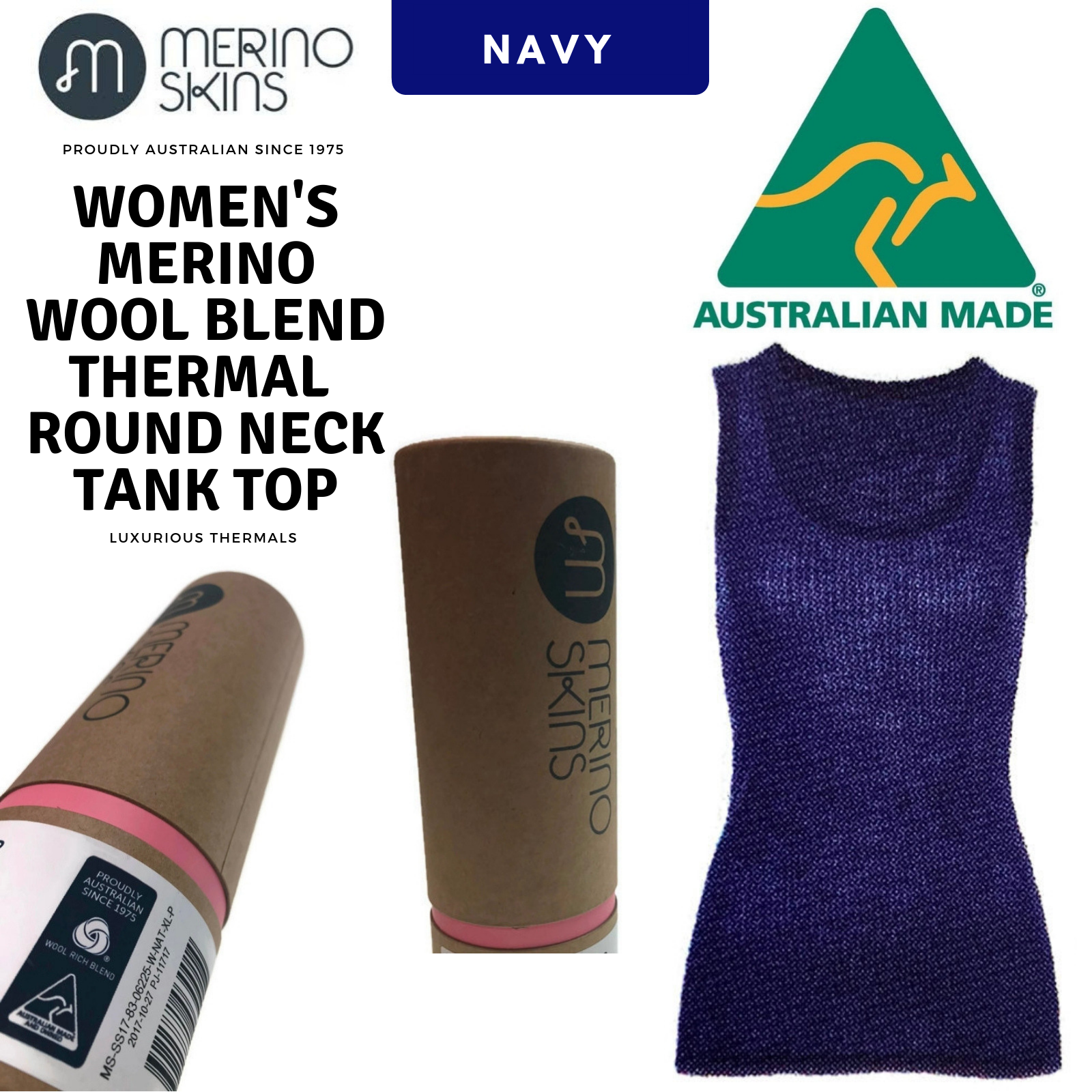 MERINO SKINS Wool Blend Ladies Verona V-Neck Tee Thermal Top Tank - French Navy-1