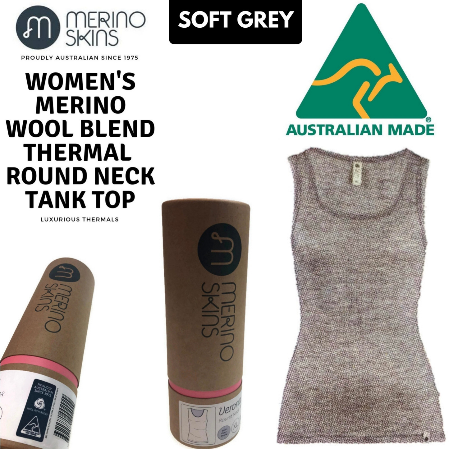 MERINO SKINS Wool Blend Ladies Verona Round Neck Tee Thermal Top Tank - Soft Grey-1