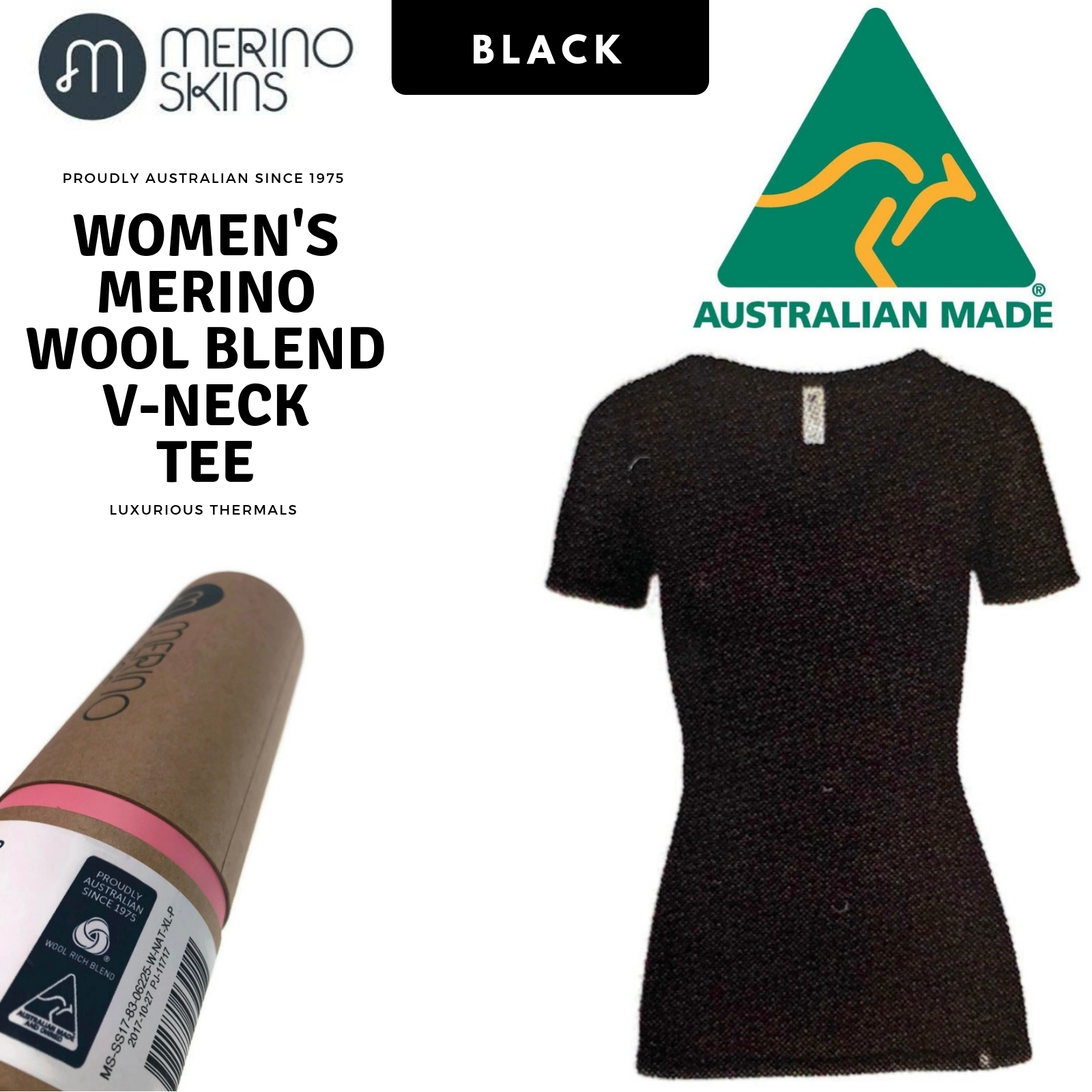 MERINO SKINS Ladies Verona V-Neck Tee Thermal Top Wool Blend - Black-1