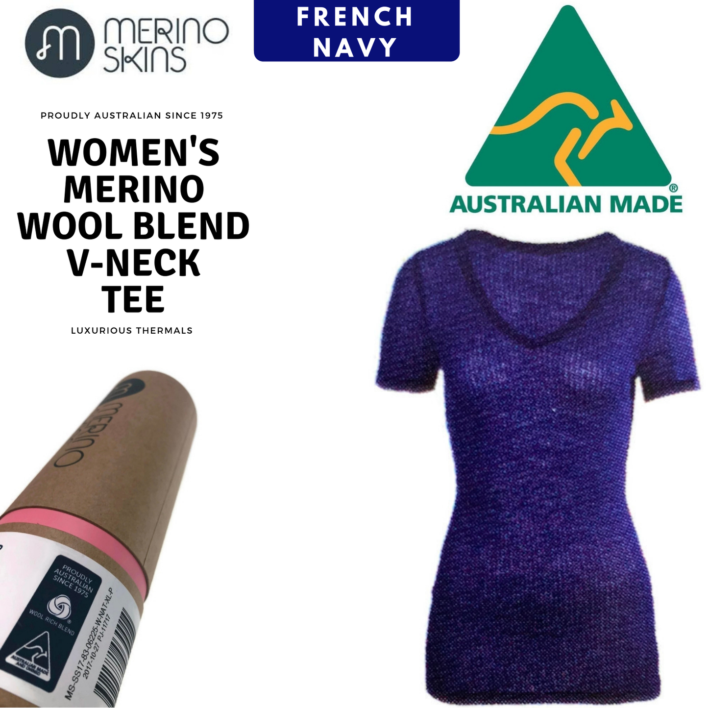 MERINO SKINS Ladies Verona V-Neck Tee Thermal Top Wool Blend - French Navy-1