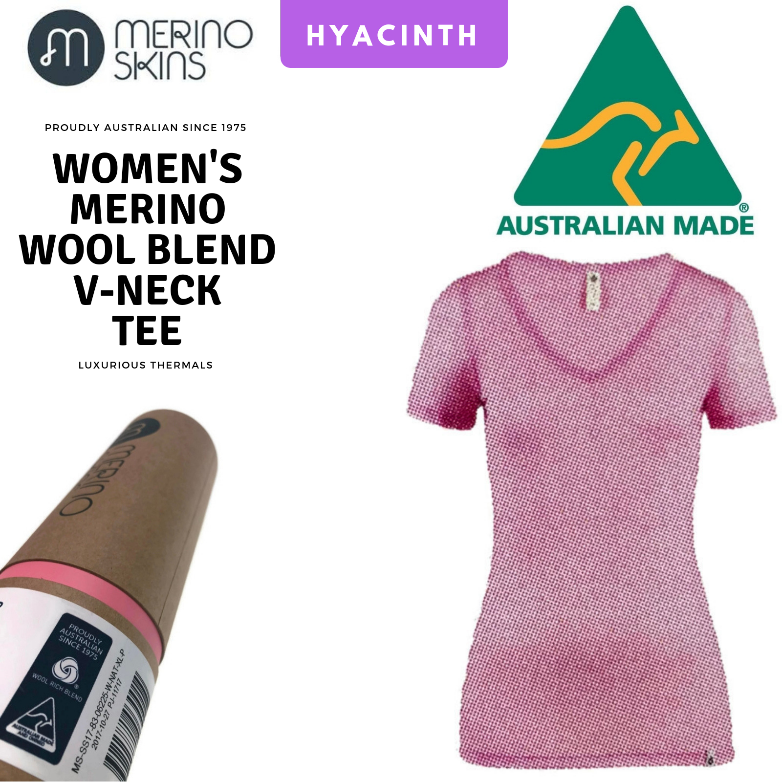 MERINO SKINS Ladies Verona V-Neck Tee Thermal Top Wool Blend Thermals - Hyacinth-1