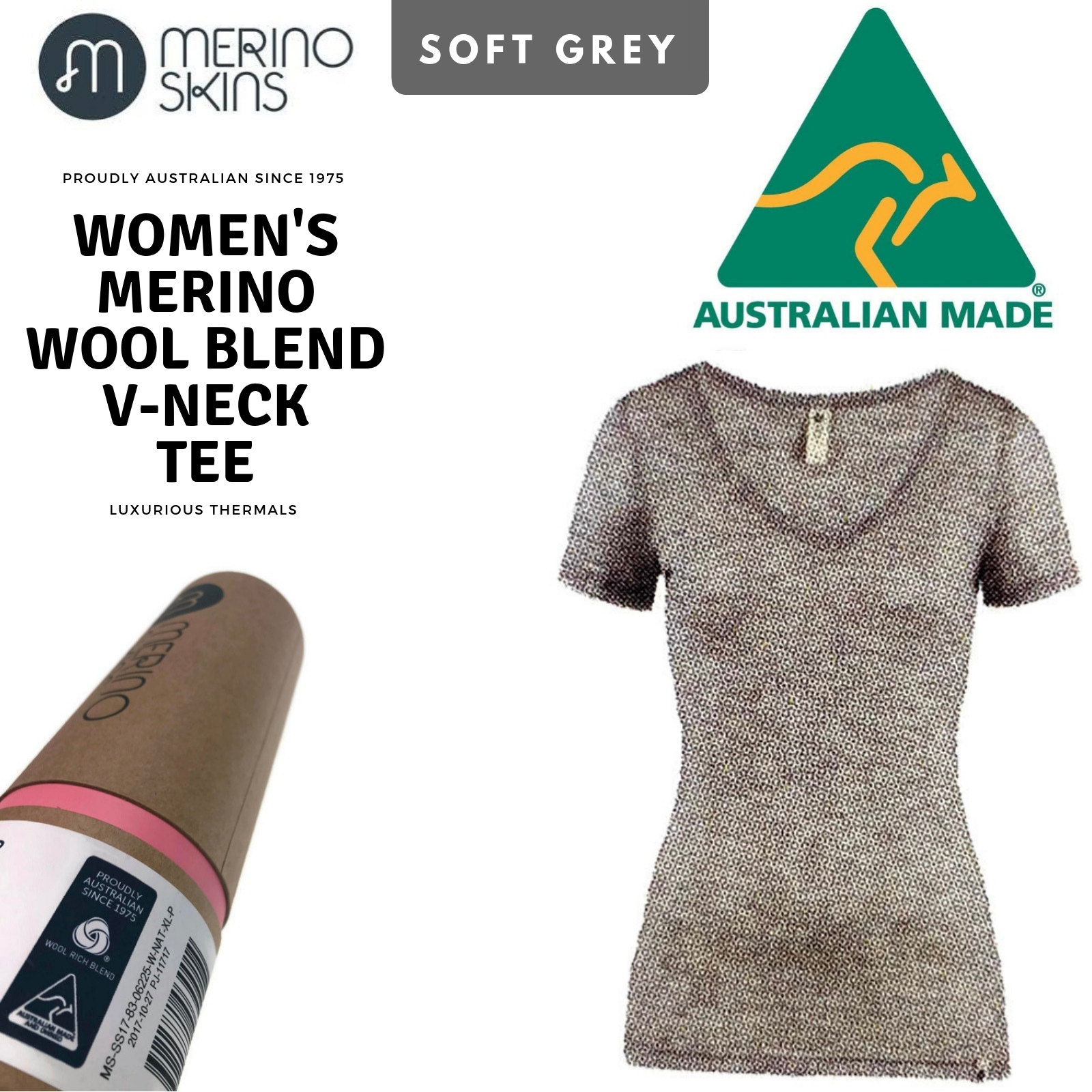 MERINO SKINS Womens Verona V-Neck Tee Thermal Top Wool Blend - Soft Grey-1