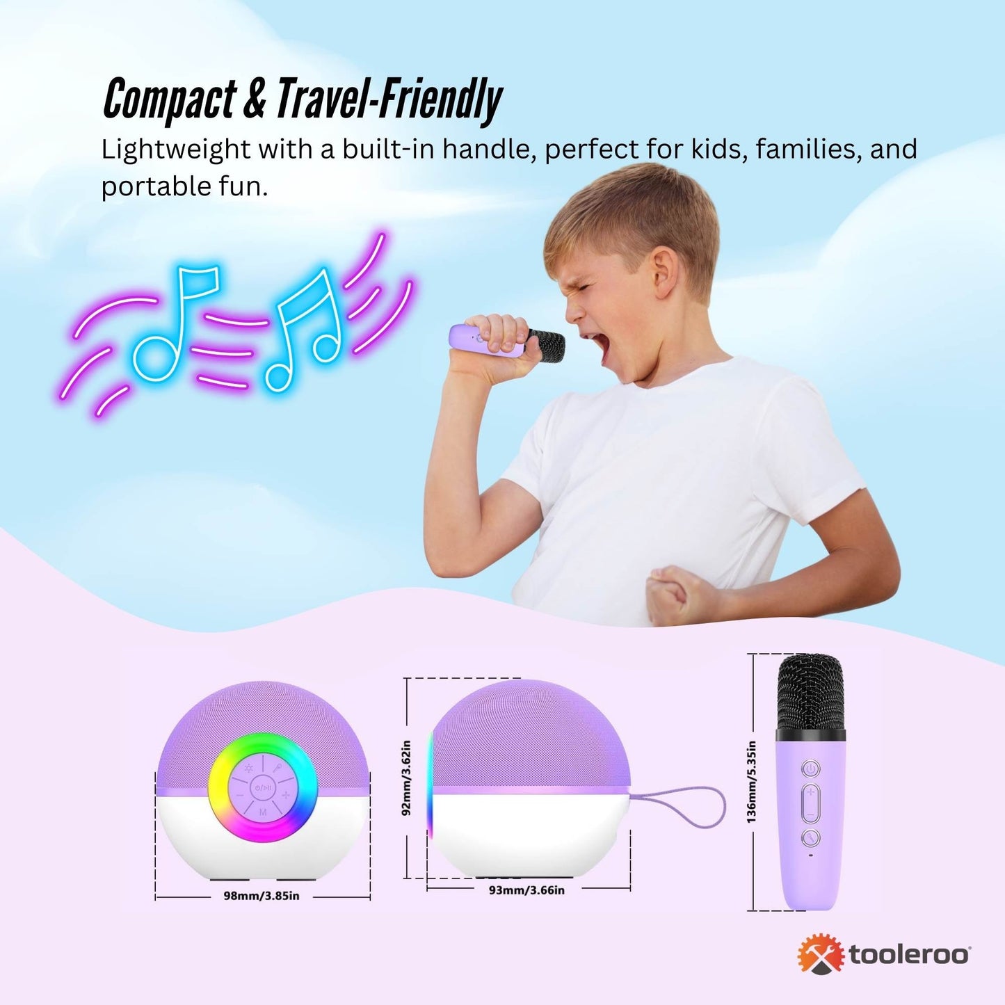 Mini Karaoke Machine - 2x Wireless Microphones Portable Bluetooth Speaker Purple-3